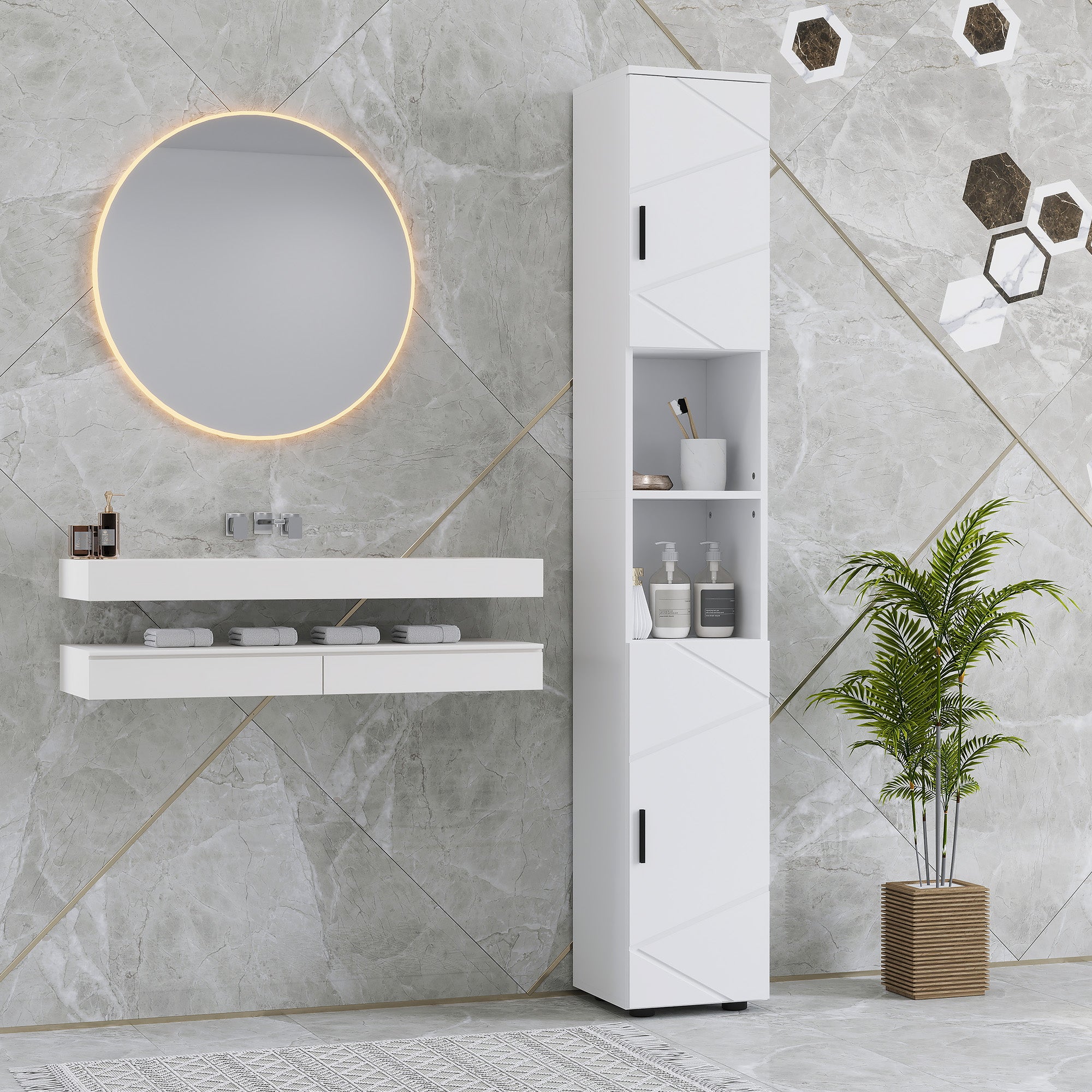 kleankin Line Embossed Tall Bathroom Storage Cabinet - White