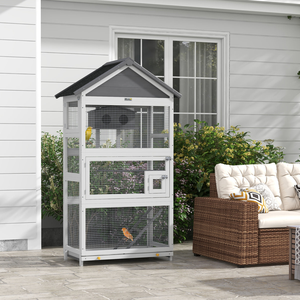 PawHut Wooden Bird Cage, with Stand, for Finches, Parakeets, Small birds - Grey