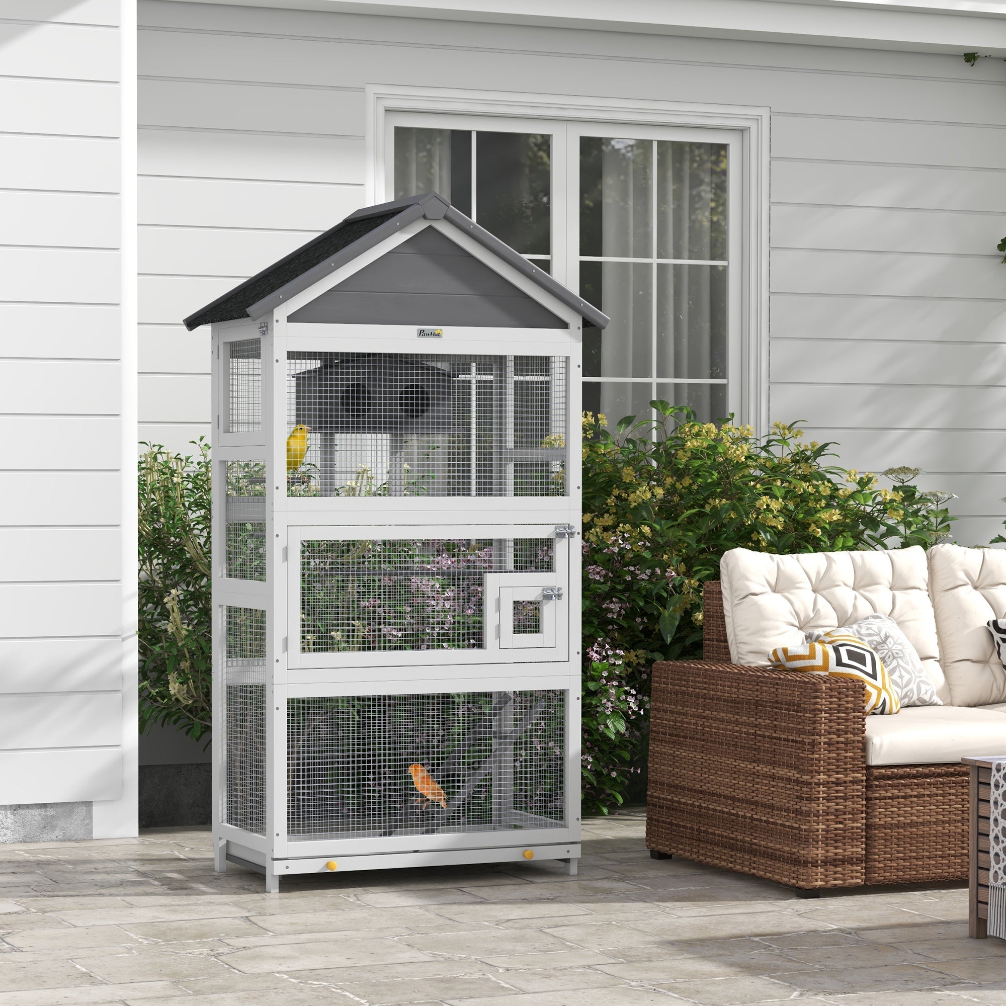 PawHut Wooden Bird Cage, with Stand, for Finches, Parakeets, Small birds - Grey