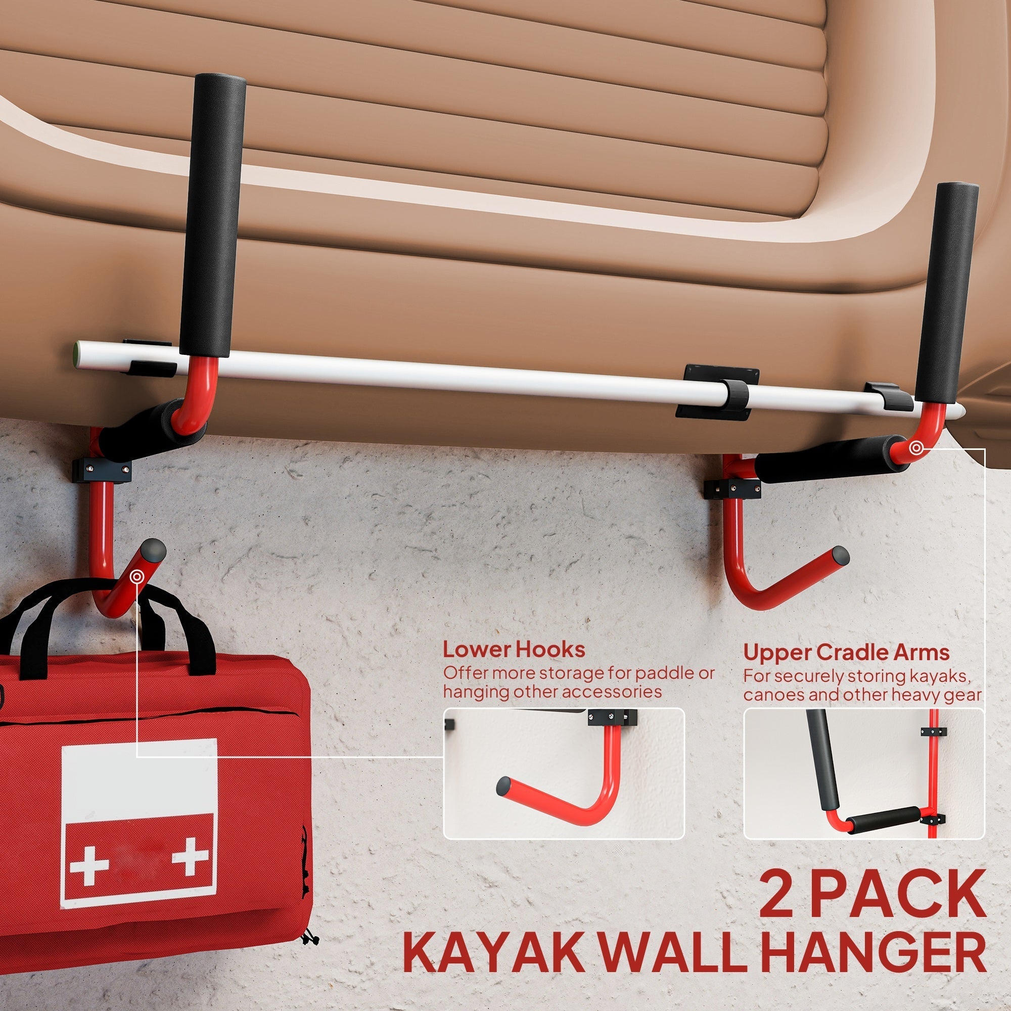HOMCOM Kayak Canoe Heavy Duty Wall Mounted Storage Holder Rack Heavy Duty Storing Hangers Red