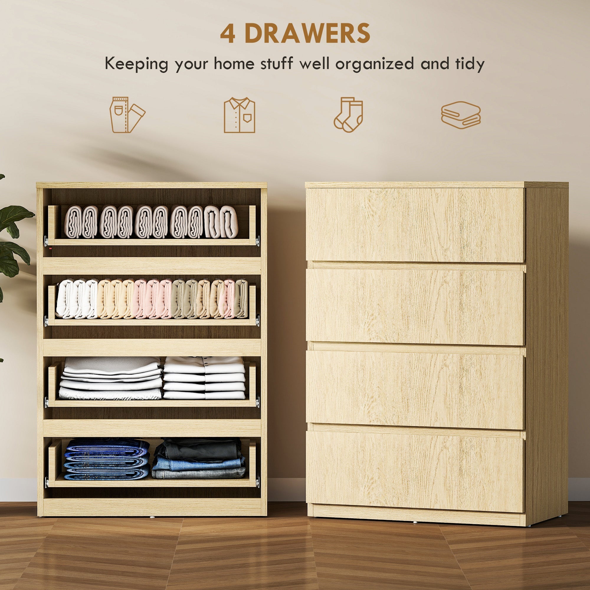 HOMCOM Chest of Drawers, 4-Drawer Storage Cabinets, Modern Dresser, Storage Drawer Unit for Bedroom