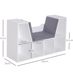 HOMCOM Bookcase Storage Shelf with Cushioned Reading Seat, Cube Bookshelf Organizer for Bedroom Living Room, White