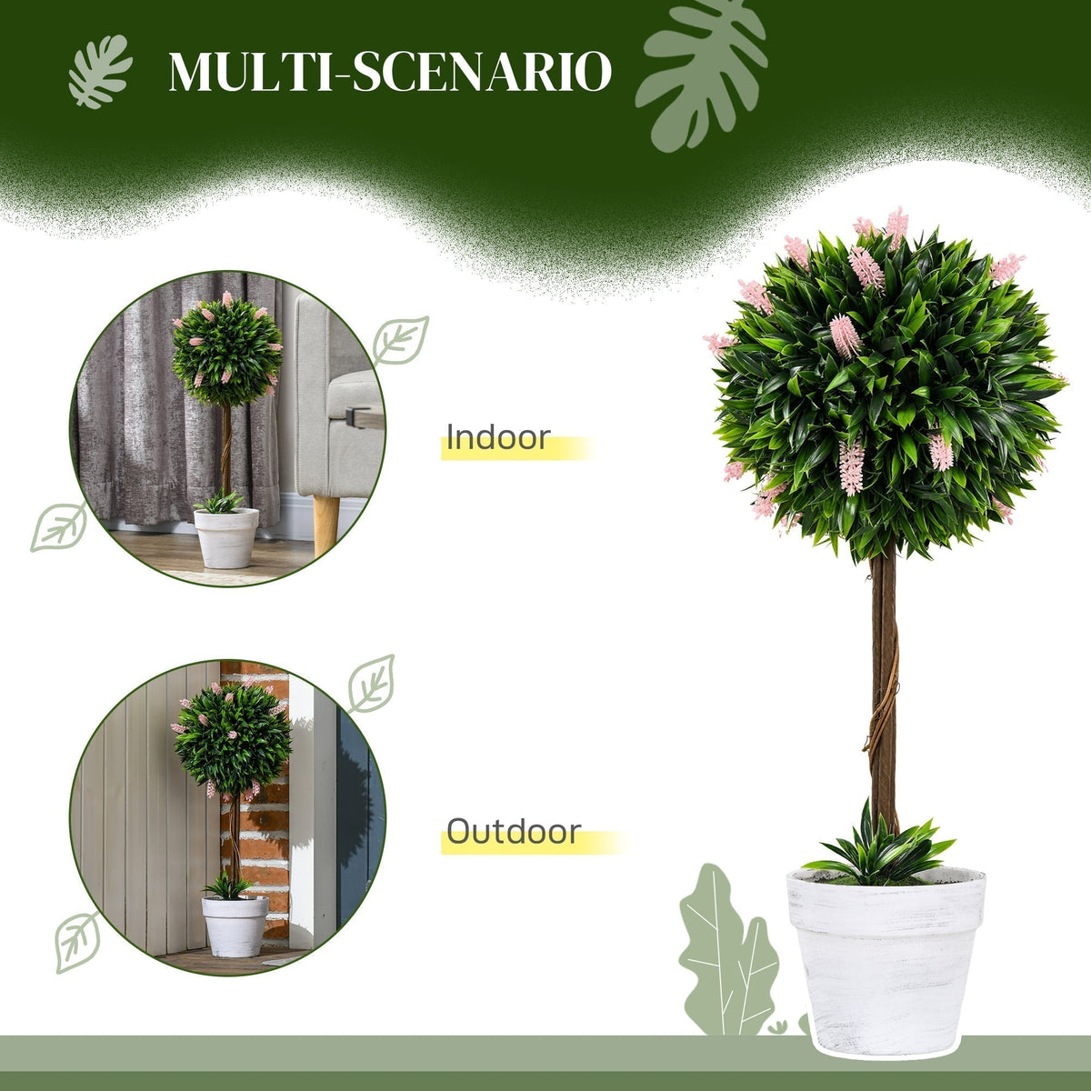 HOMCOM Set of 2 Decorative Artificial Plants Ball Trees with Flower for Home Indoor Outdoor Decor, 60cm,Pink