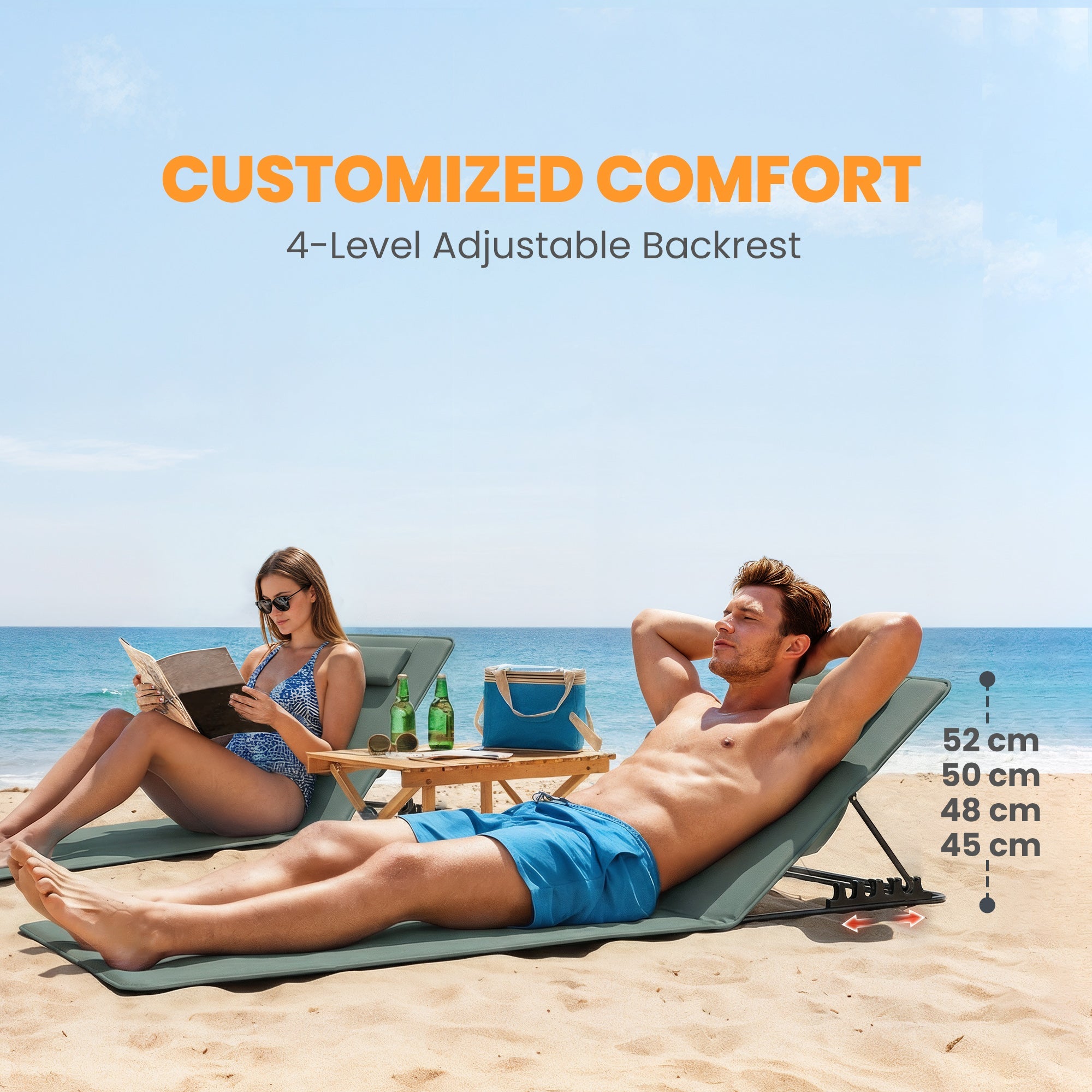 Outsunny Foldable Sun Loungers Set of 2, Portable Folding Beach Lounger with 4-level Adjustable Backrest, Grey