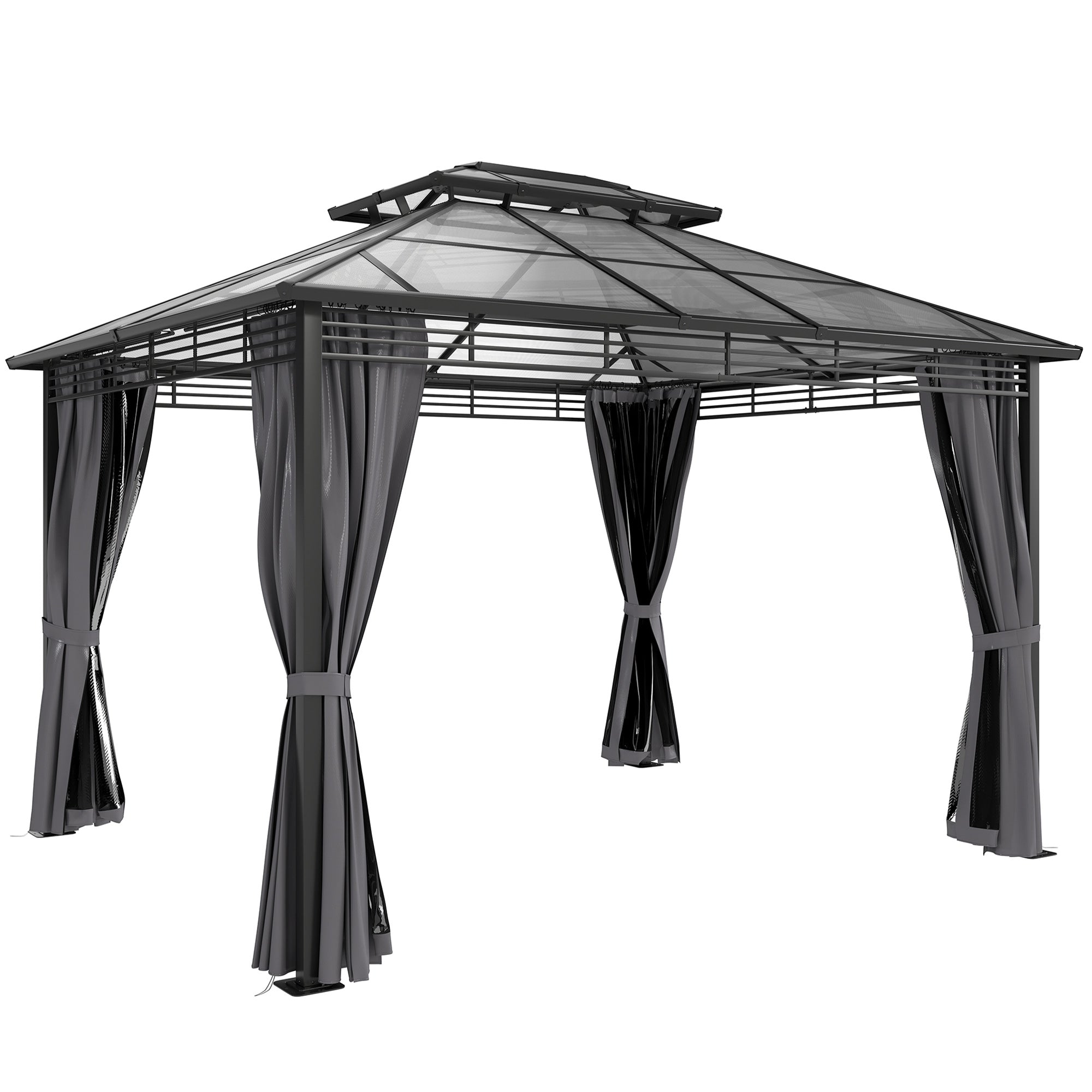 Outsunny 3 x 3.6 m Outdoor Hardtop Gazebo Canopy with 2-Tier Roof, Permanent Pavilion Garden Metal Gazebo with Sides, Dark Grey