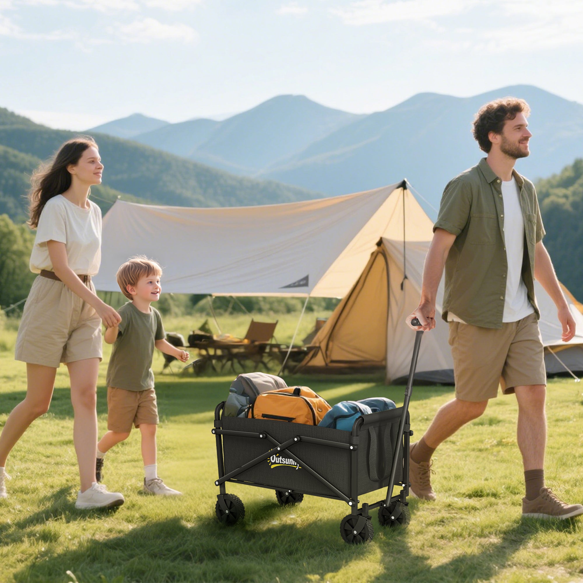 Outsunny 41L Festival Trolley on Wheels, Small Garden Folding Trolley Cart, 60kg Heavy Duty Collapsible Folding Wagon with Adjustable Handle and Carrying Bag for Beach, Camping, Festival, Black