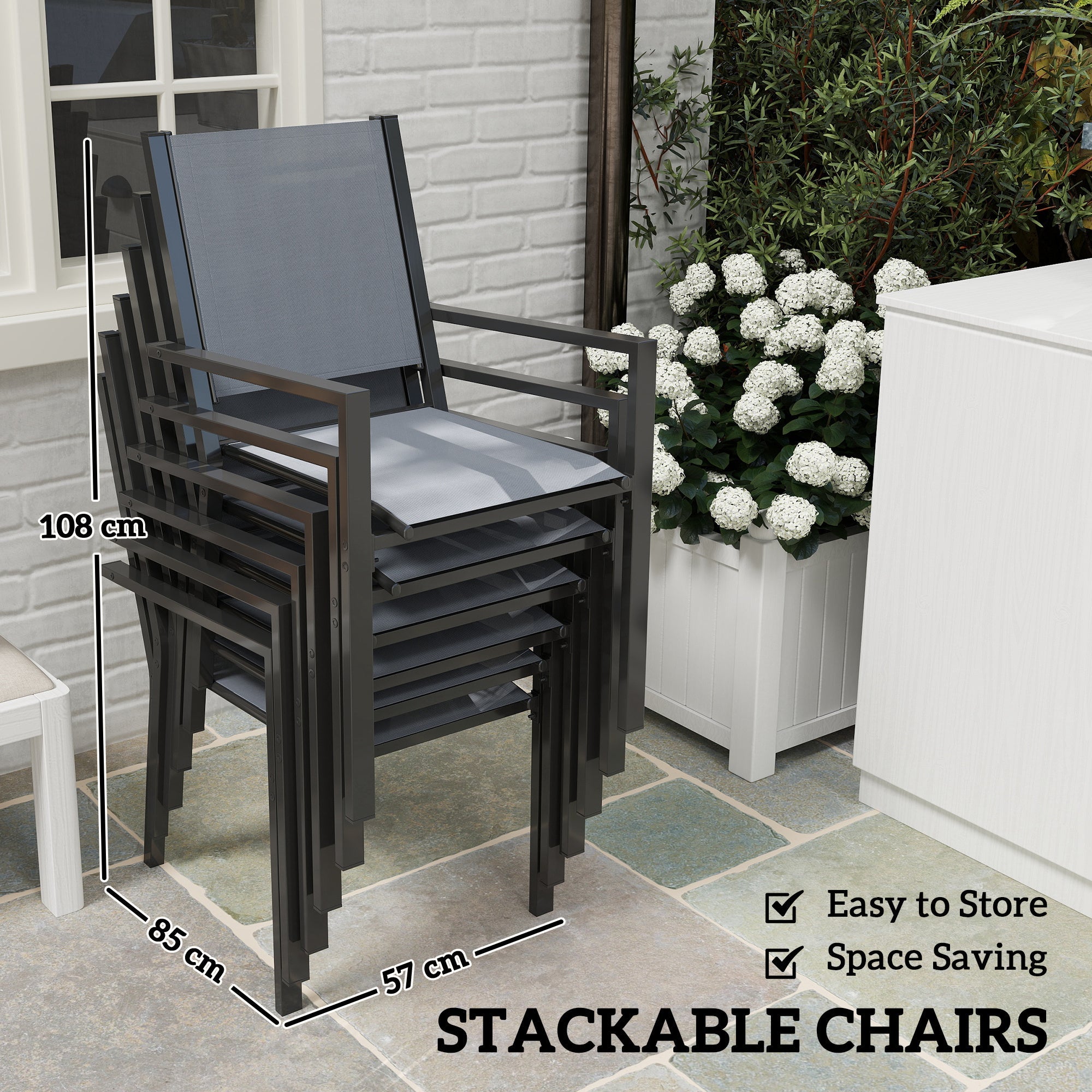 Outsunny 7 Piece Garden Dining Set, Outdoor Furniture Set with 6 Stackable Chairs and 150 cm Rectangle Table, WPC Slatted Top, Rust-Resistant Steel Frame, for Garden, Porch, Terrace