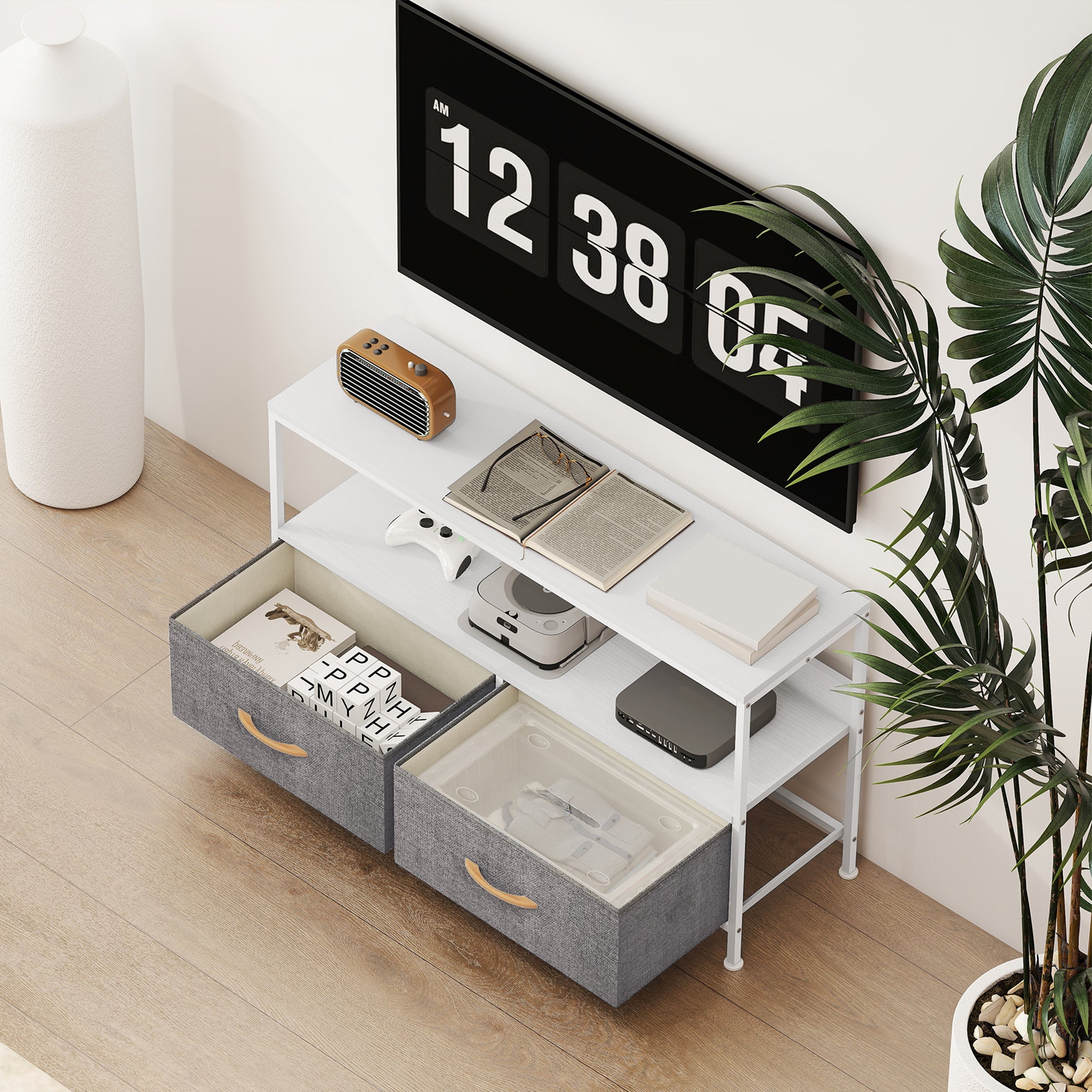 HOMCOM TV Stand Cabinet with 2 Foldable Drawers - White