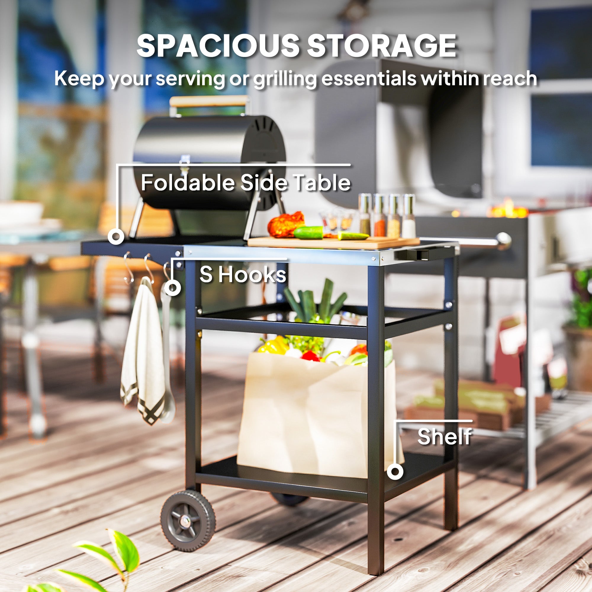 Outsunny BBQ Trolley with Stainless Steel Top and Foldable Side Table, Outdoor Kitchen Barbecue Station with Hooks and Shelf, Pizza Oven Table Movable Outdoor Grill Dining Cart with Cover, Black
