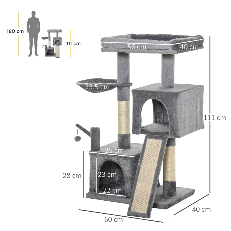 PawHut Cat Tree Tower for Indoor Cats, 111cm Kitten Activity Centre with Scratching Post Pad Hammock Condo Bed Ball Toy, Grey