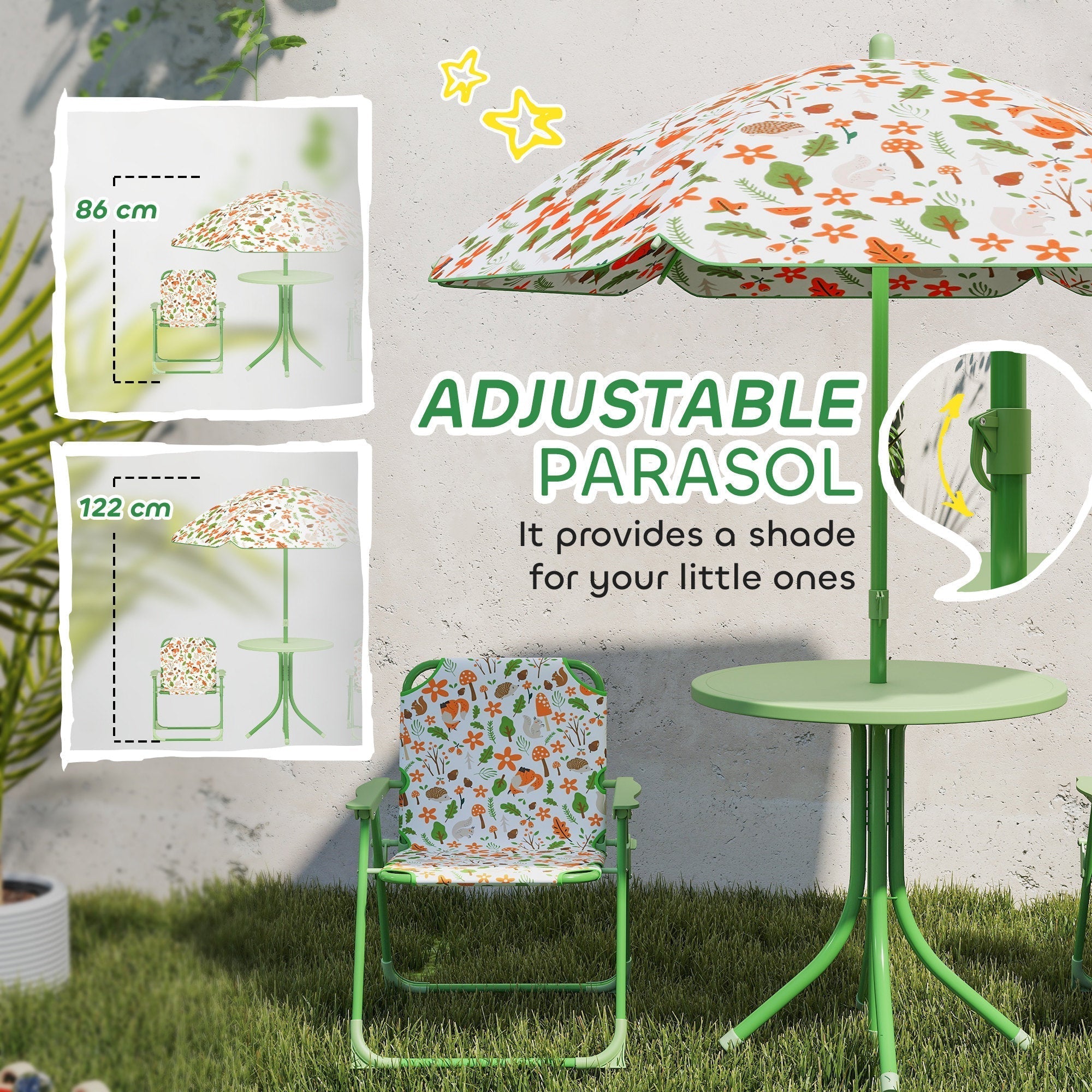 AIYAPLAY 4-Piece Kids Garden Table and Chair Set with Adjustable Parasol, Folding Chairs, Table, Nature Pattern, Green