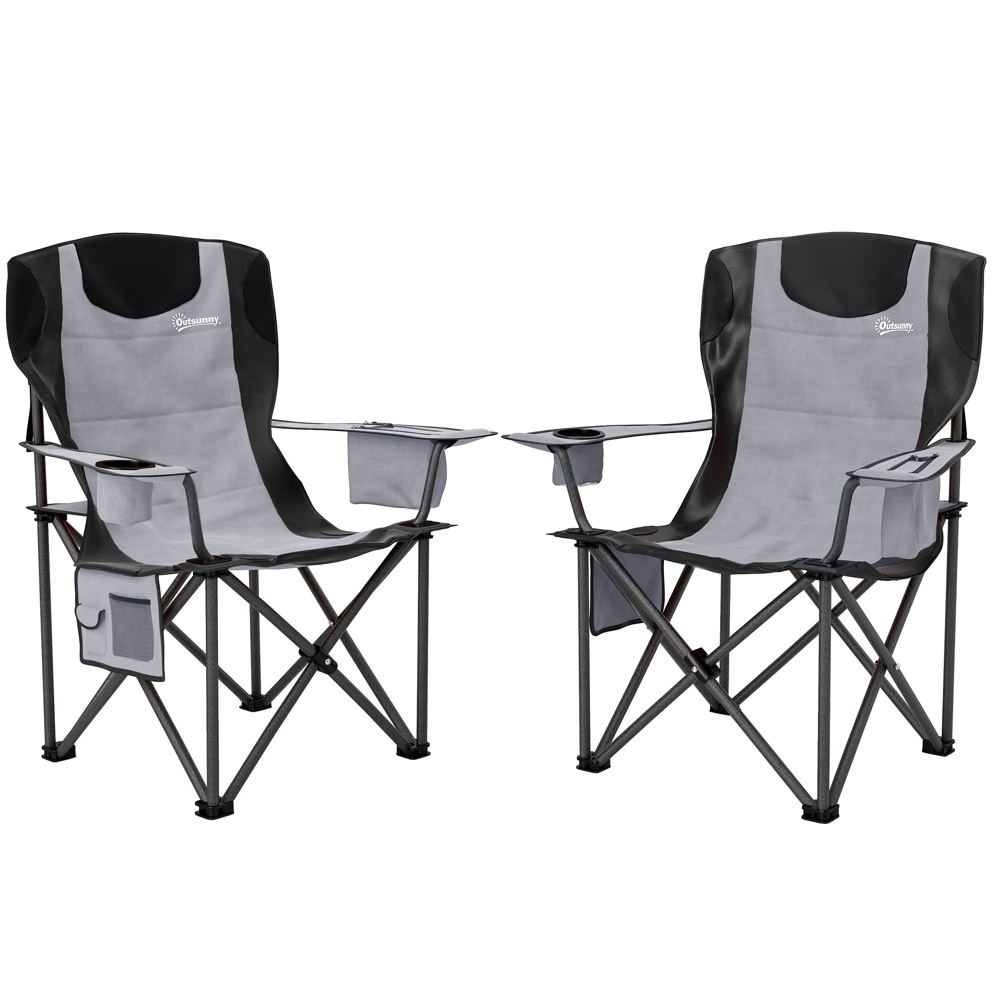 Outsunny Set of 2 Folding Camping Chairs, Padded Camping Chairs with Adjustable Armrests, Portable & Lightweight Folding Camp Chair with Cooler Bag, Cup Holder and Side Pockets, Grey