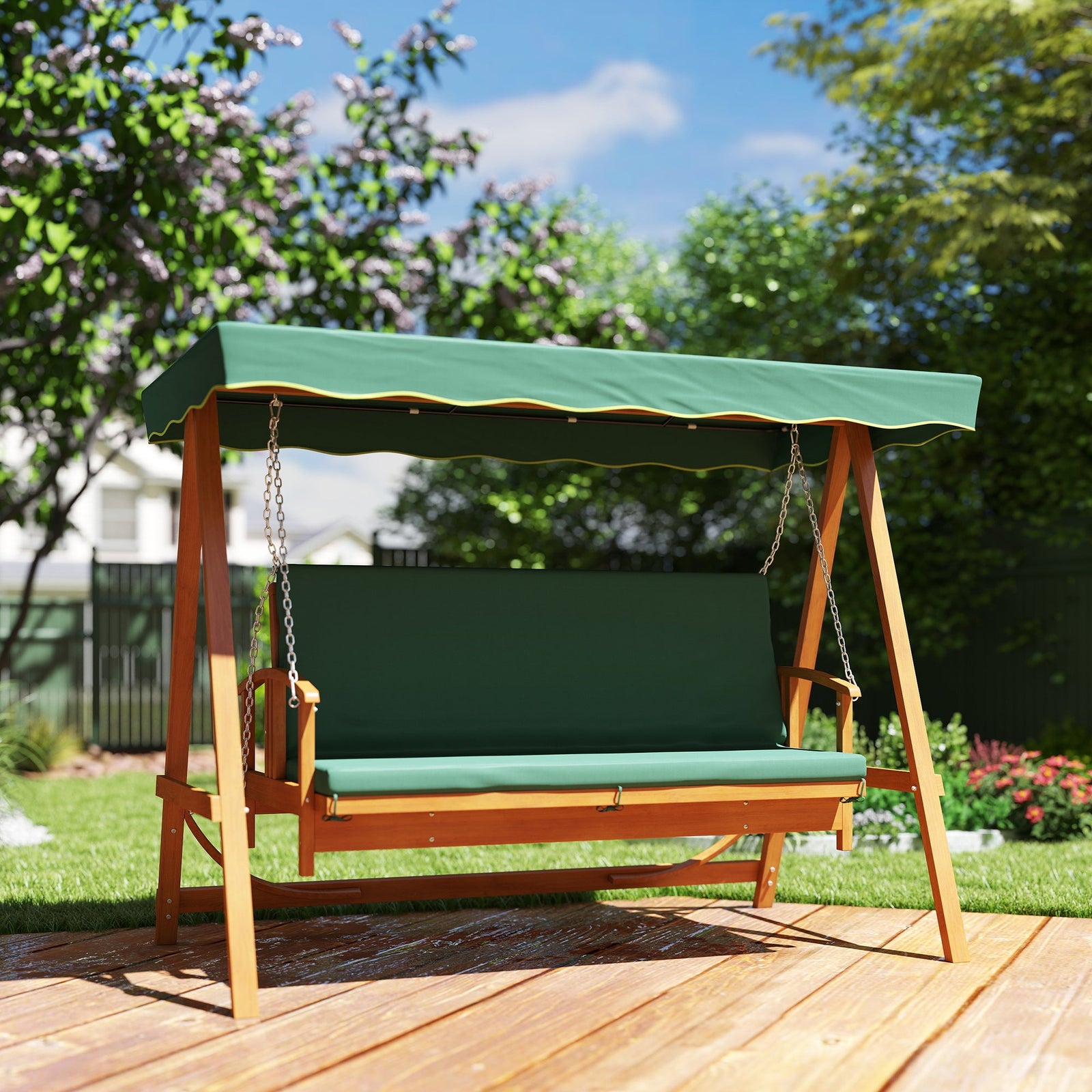 Outsunny 3 Seater 2-in-1 Wooden Garden Swing Seat Swing Chair, Outdoor Convertible Hammock Bench w/cushion, Furniture Lounger Bed, Dark Green