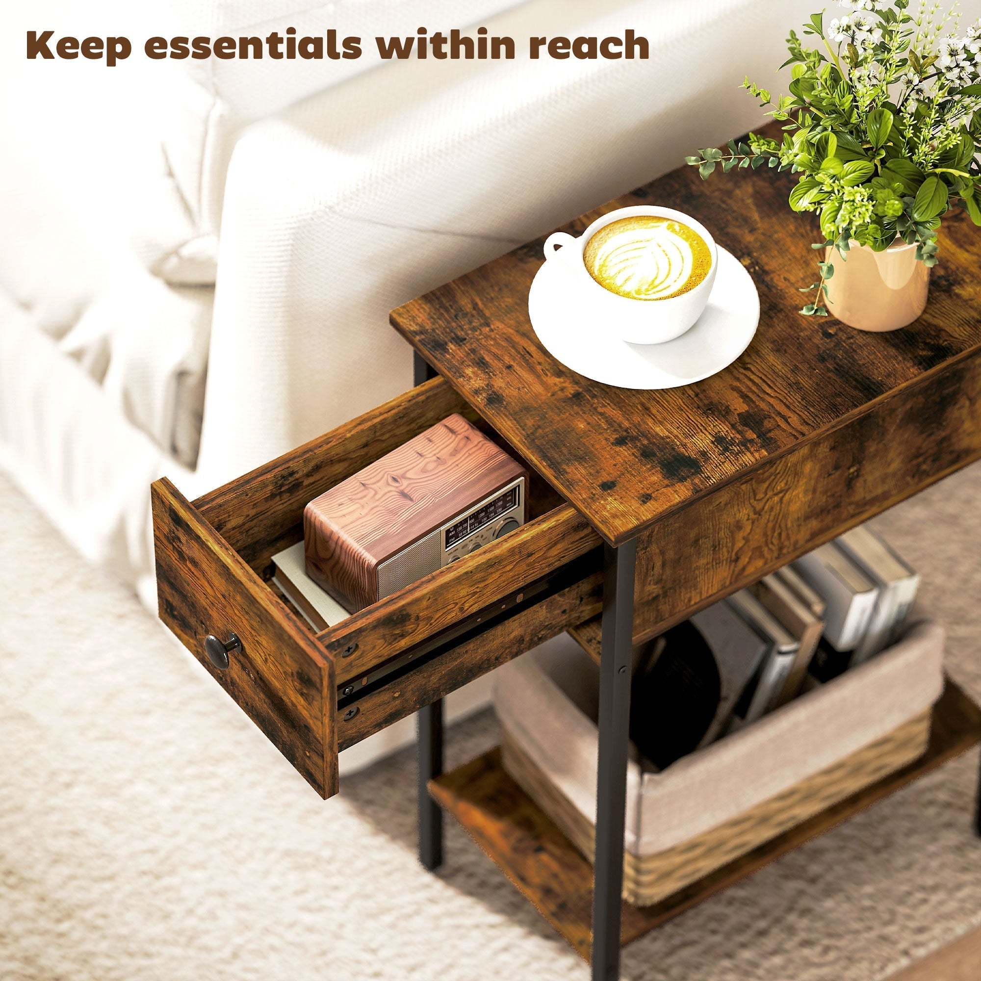 HOMCOM Narrow Side Table with Drawer and Storage Shelf - Rustic Brown