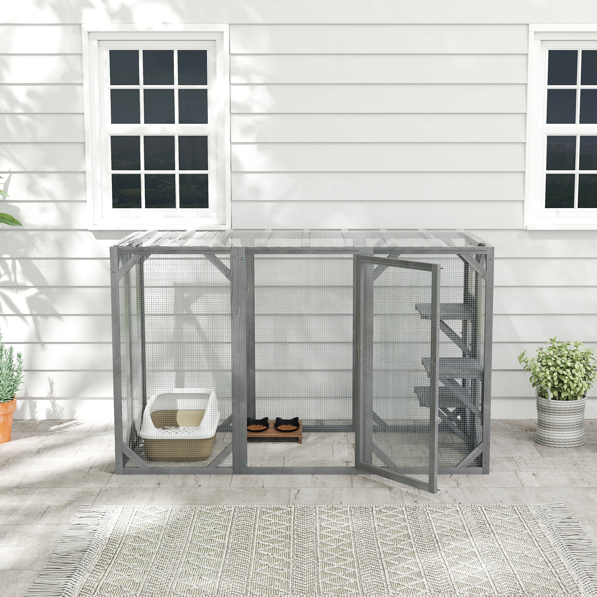 PawHut 71" Outdoor Wooden Cat House with Three Platforms, Large Door, Water-Resistant Roof, for Multiple Cats, Grey