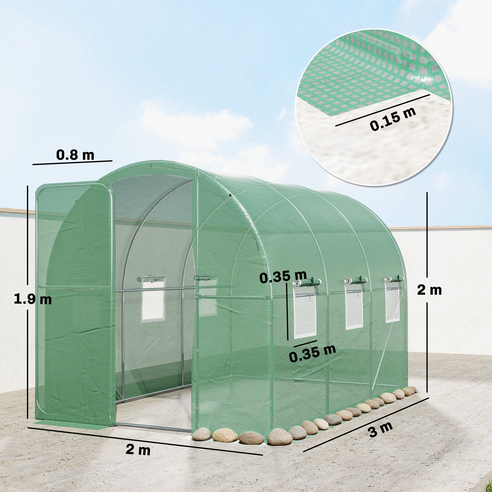 Outsunny 2 x 3 m Walk-in Polytunnel Greenhouse with Hinged Door and 6 Roll Up Mesh Windows, Garden Tunnel Warm House Tent, Green