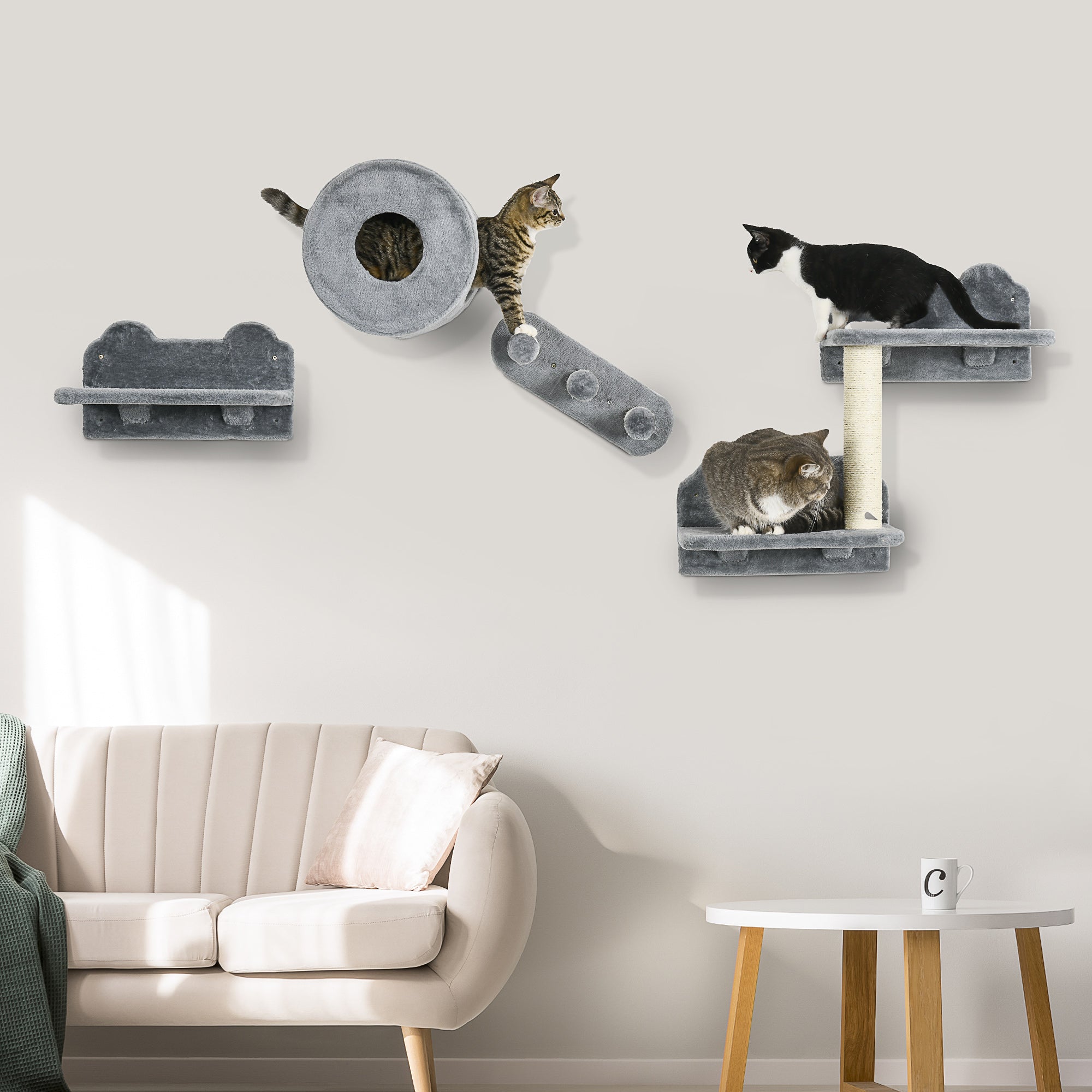 PawHut 4PCs Wall-Mounted Cat Tree, with Steps, Perch, Cat House - Grey