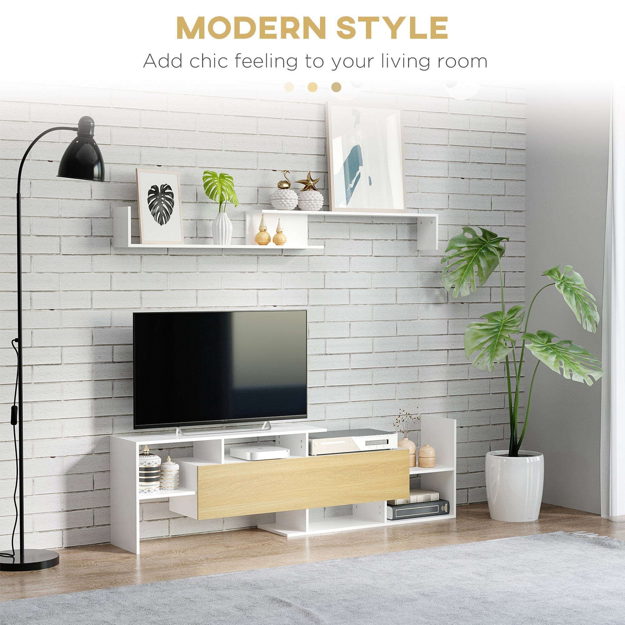 HOMCOM TV Cabinet with Wall Shelf for Wall-Mounted 65" TVs or Standing 40" TVs - White and Natural