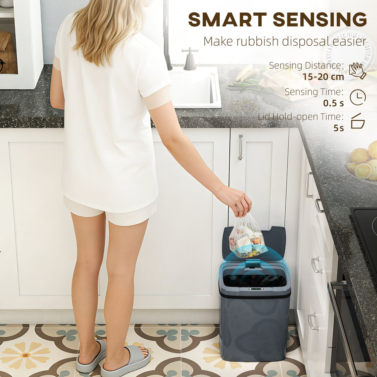 HOMCOM 15L Sensor Bin, Automatic Touchless Kitchen Bin, Easy Clean, Battery Operated for Home Office, Bedroom, Bathroom, Grey