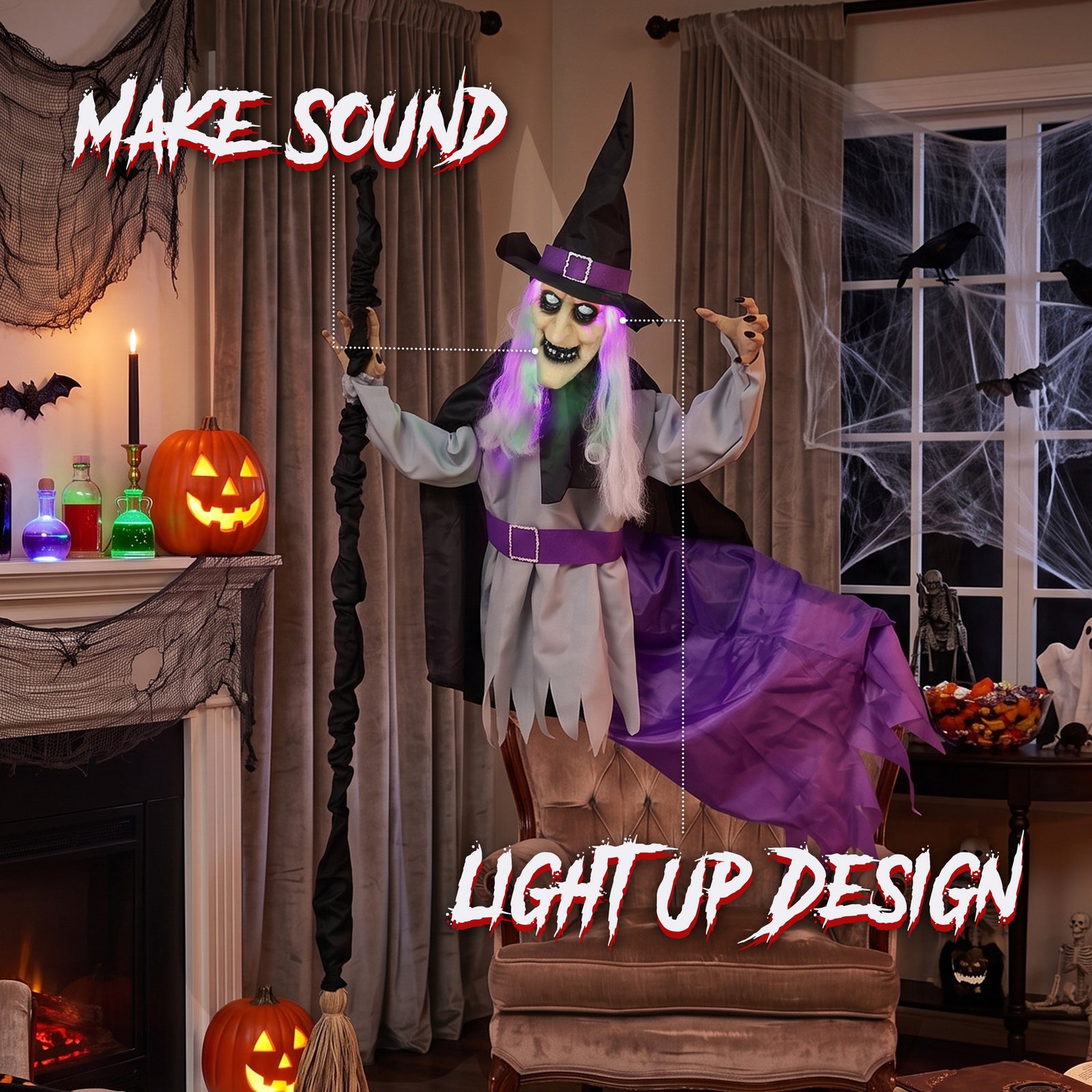 HOMCOM 200cm Life Size Animated Flying Witch Halloween Decorations Outdoor Indoor, Scary Halloween Animatronics Decor