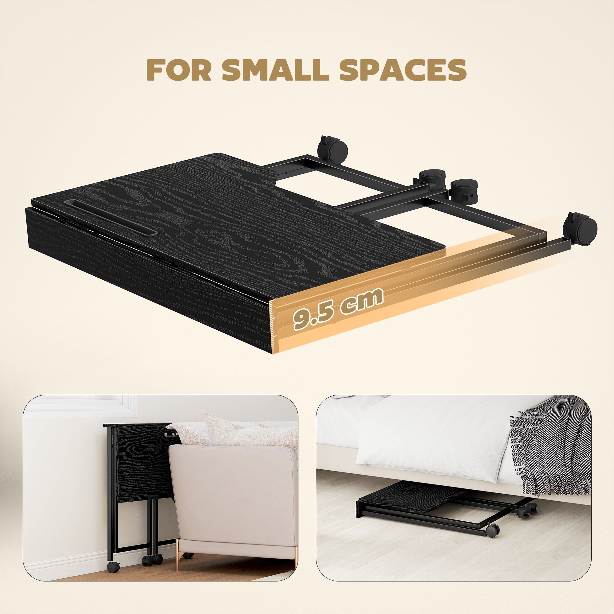 HOMCOM Folding Small Desk on Wheels - Black Wood Effect