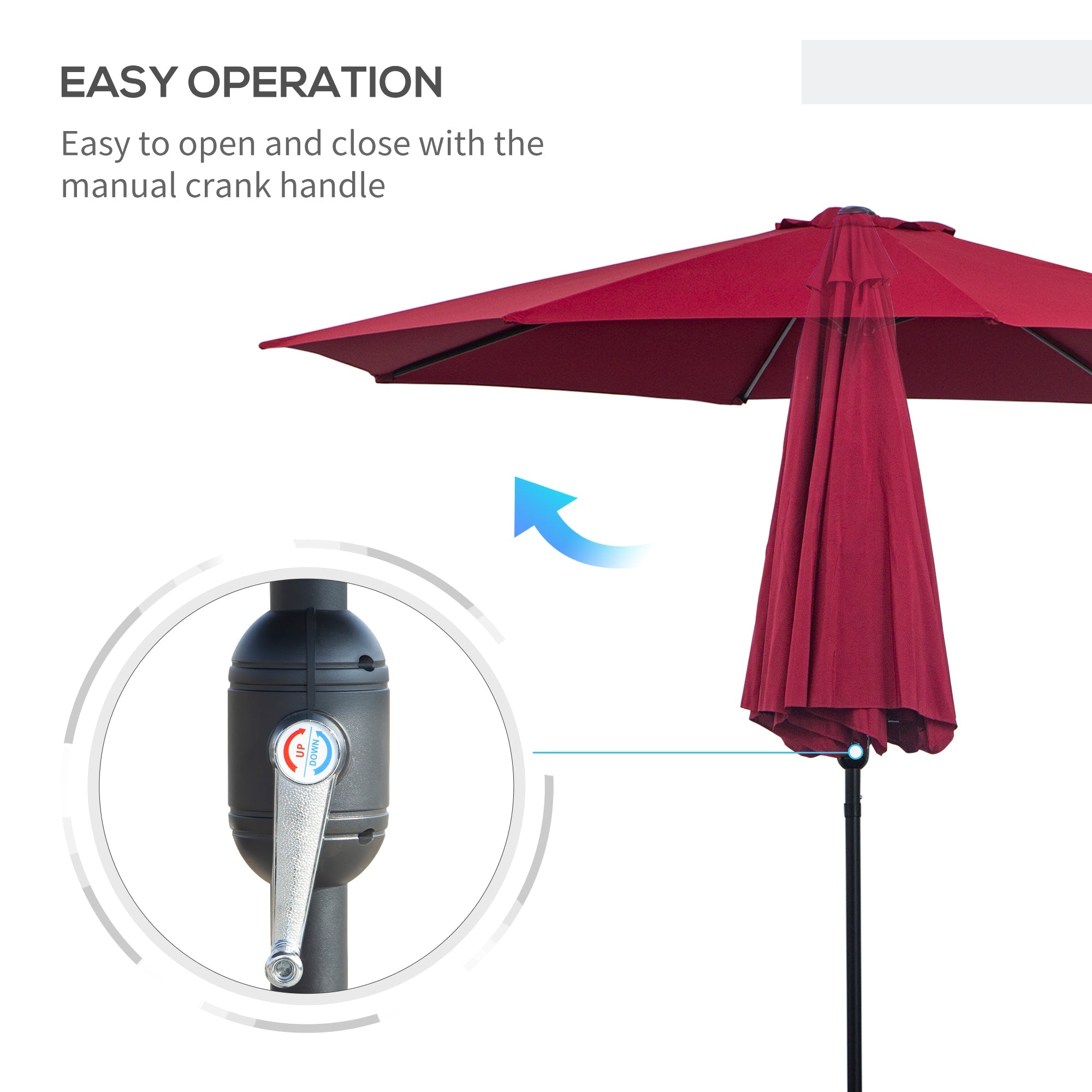 Outsunny 3(m) Tilting Parasol Garden Umbrellas, Outdoor Sun Shade with 8 Ribs, Tilt and Crank Handle for Balcony, Bench, Garden, Wine Red