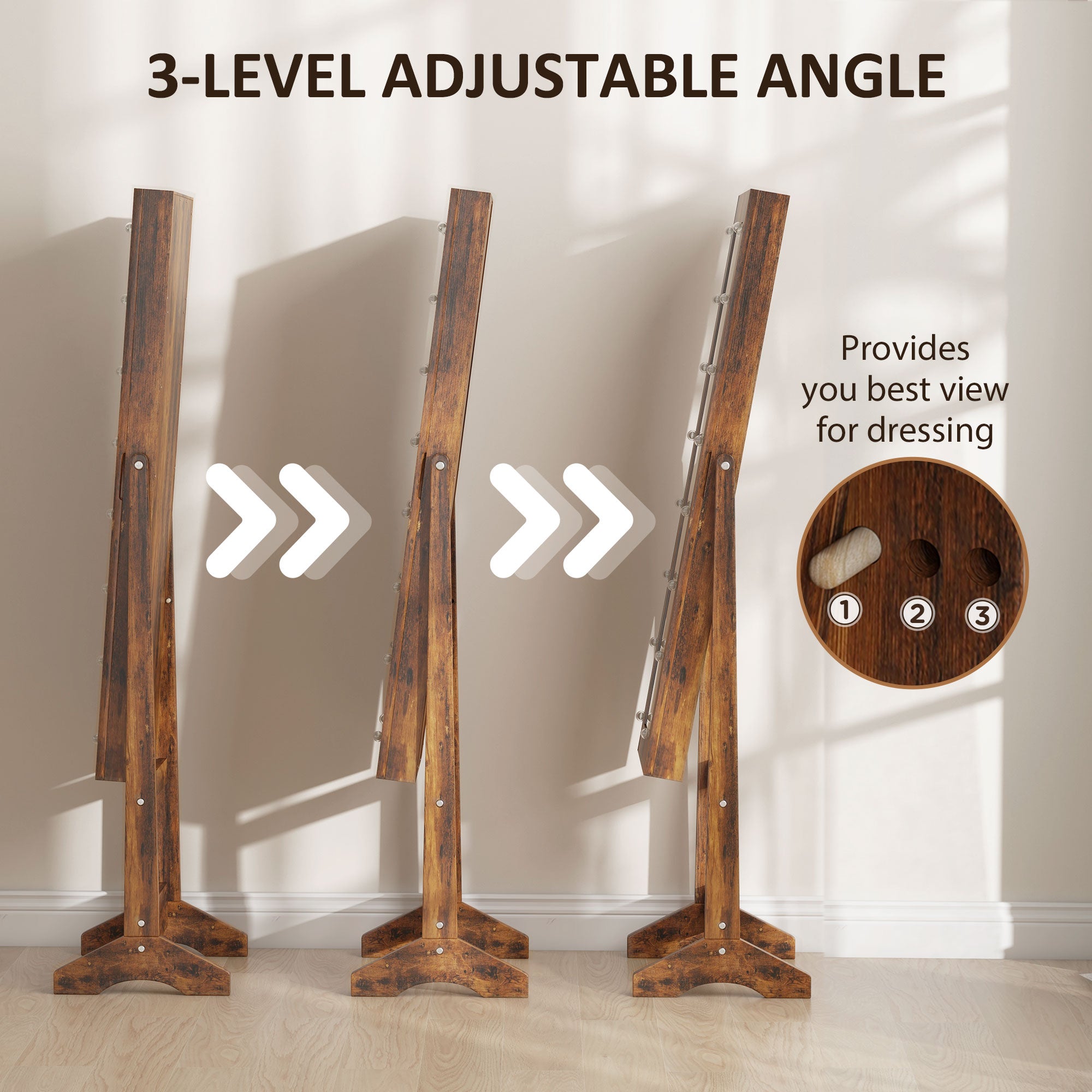 HOMCOM Freestanding Mirror Jewelry Cabinet with LED Lights, Jewellery Organiser with 3 Angle Adjustable, Full-Length Mirror with Storage for Earrings, Necklaces, Rings and Lipsticks, Rustic Brown