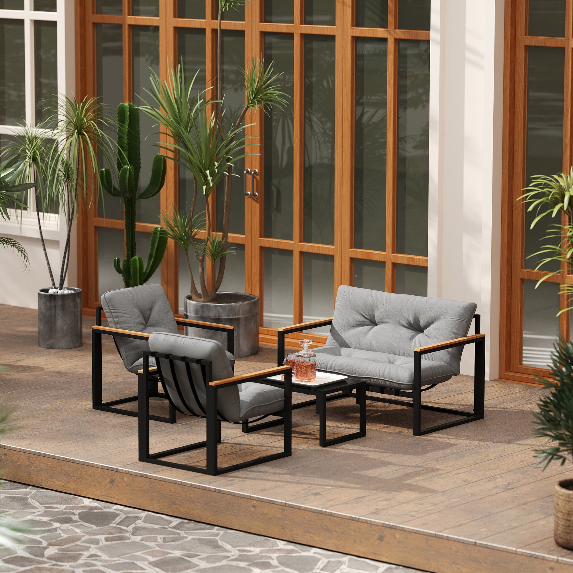 Outsunny Garden Furniture Set, 4 Piece Indoor Outdoor Conservatory with Loveseat Sofa, Armchairs, Glass Top Coffee Table, Cushions for Balcony, Poolside, Patio, Light Grey
