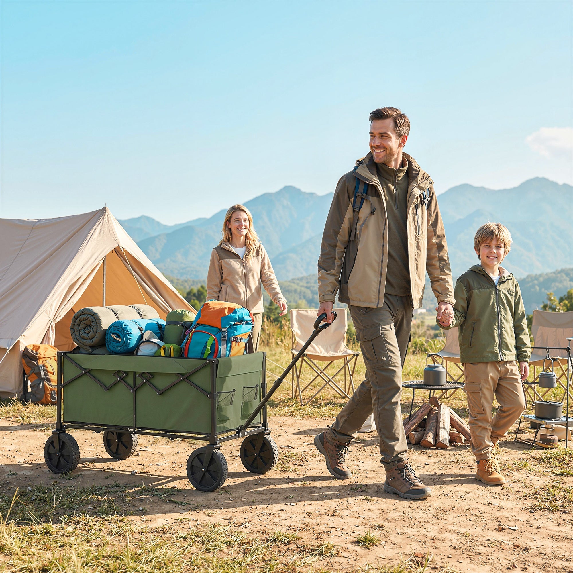 Outsunny 95L Foldable Festival Trolley on Wheels, Collapsible Wagon Cart with Adjustable Handle and 2 Cup Holders, Dark Green