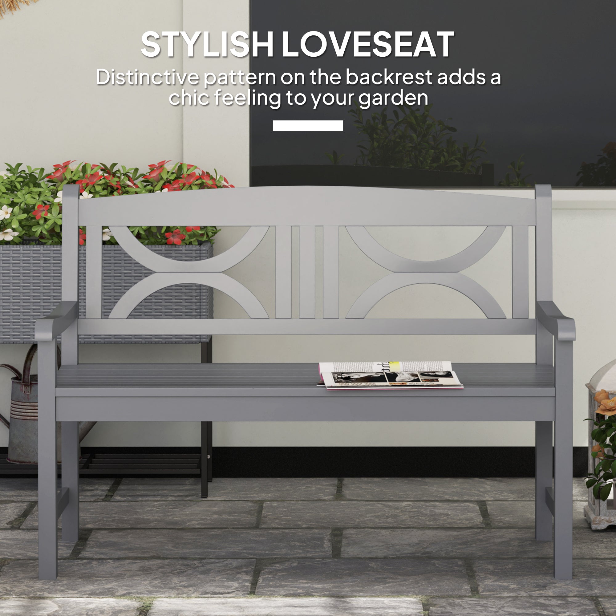 Outsunny 2-Seater Wooden Garden Bench Outdoor Patio Loveseat for Porch, Grey