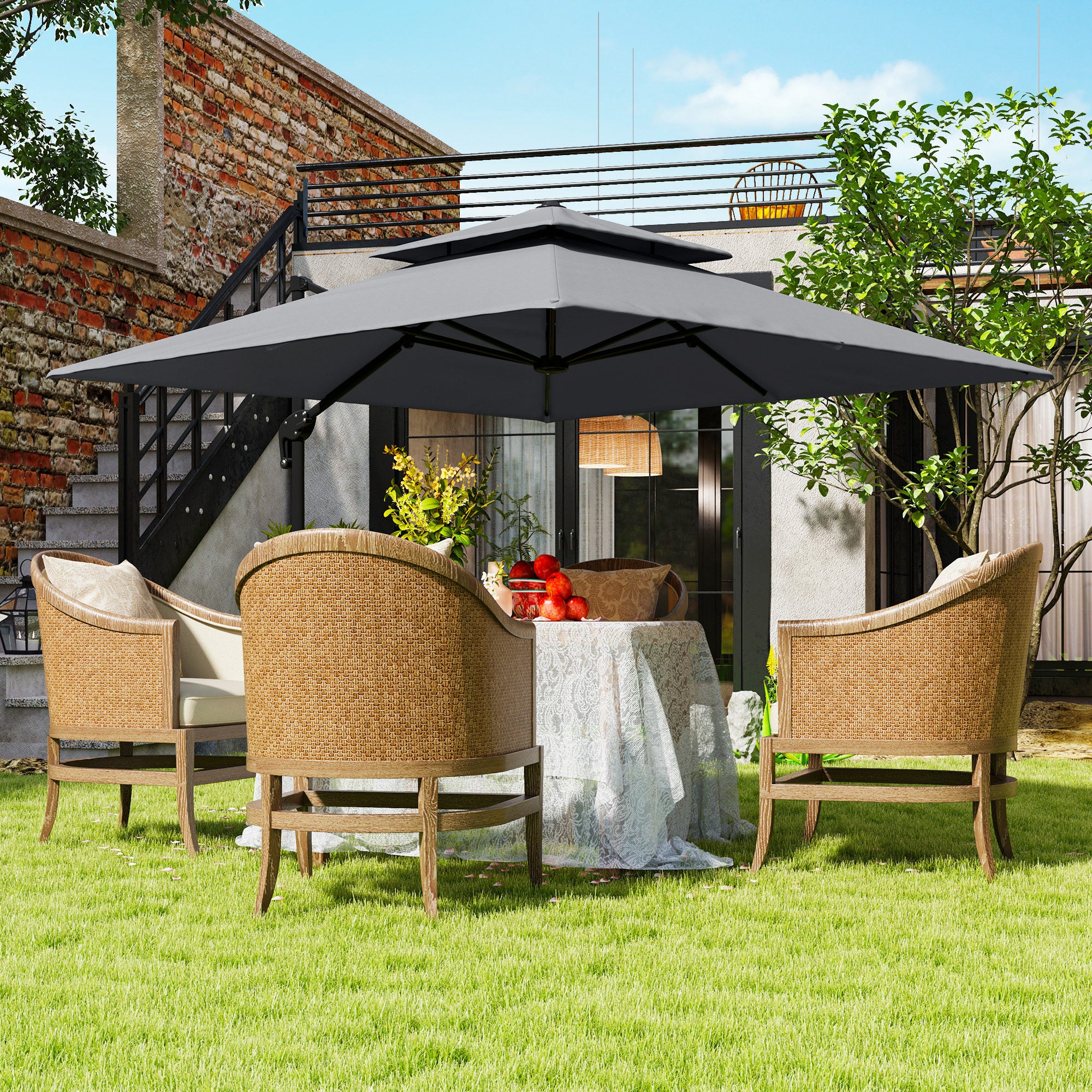 Outsunny 3 x 3(m) Cantilever Parasol with Aluminium Frame, Crank and Tilt, 360-Degree Rotation, Double Top Garden Umbrella with Cover (Only Cross Base), Light Grey