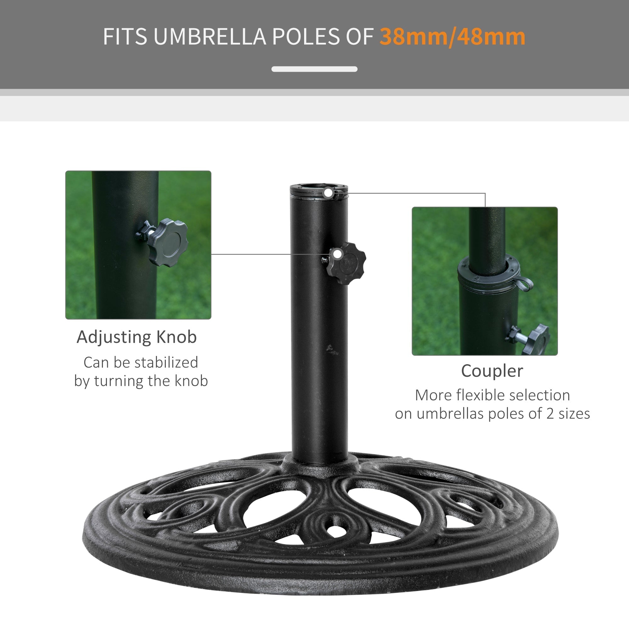 Outsunny 11.5 kg Cast Metal Round Patio Umbrella Base Stand, Umbrella Holder for Outdoor, Patio, Garden, Black