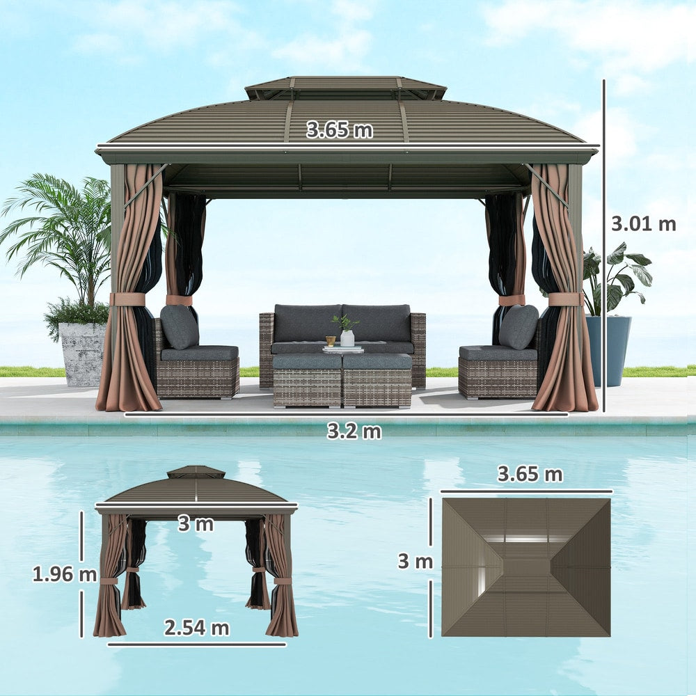 Outsunny 3.65 x 3(m) Hardtop Steel Gazebo Canopy with Aluminium Frame, Double Roof, Net Sidewalls and Curtains, Coffee