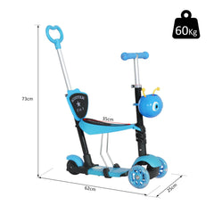 HOMCOM Adjustable Kids Toddler Scooter, with Removable Seat, Back Handle, Blue