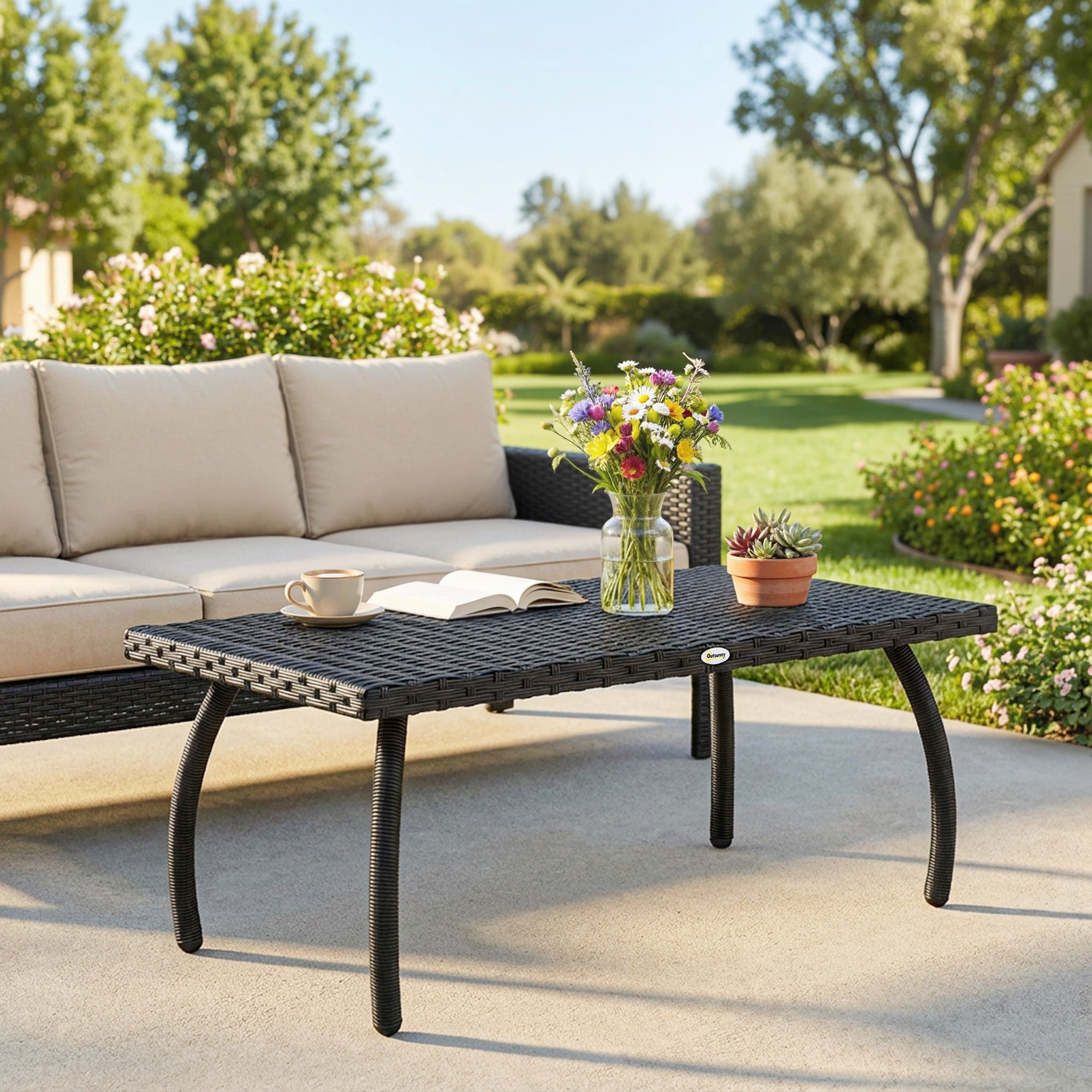 Outsunny PE Wicker Rattan Garden Coffee Table - Black