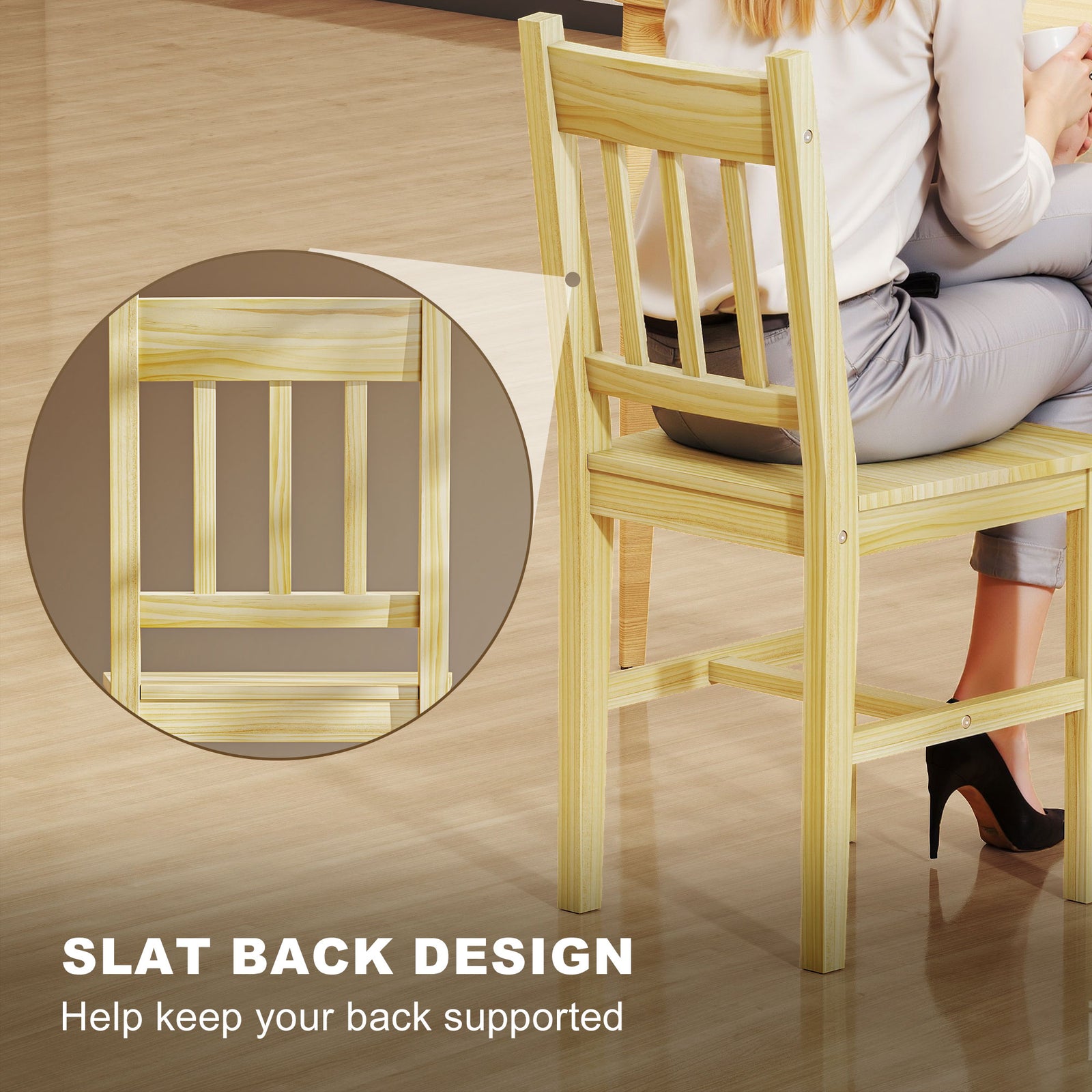 HOMCOM Dining Chairs Set of 2, Kitchen Chair with Slat Back, Pine Wood Structure for Living Room and Dining Room, Natural