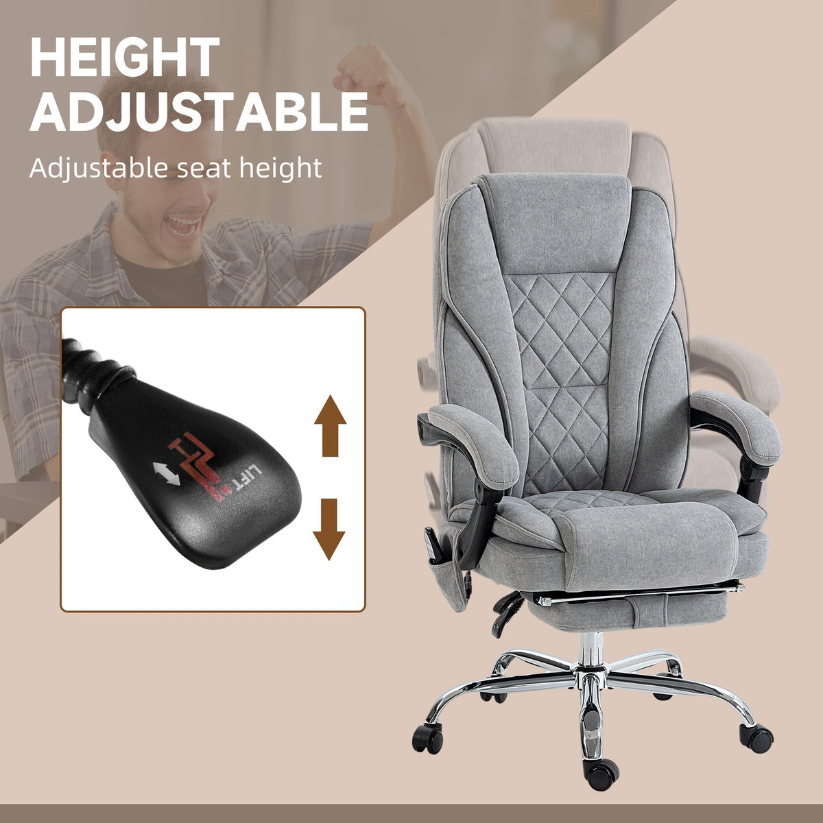 Vinsetto Massage Office Chair, Heated Reclining Computer Chair with Adjustable Height and Footrest, Grey