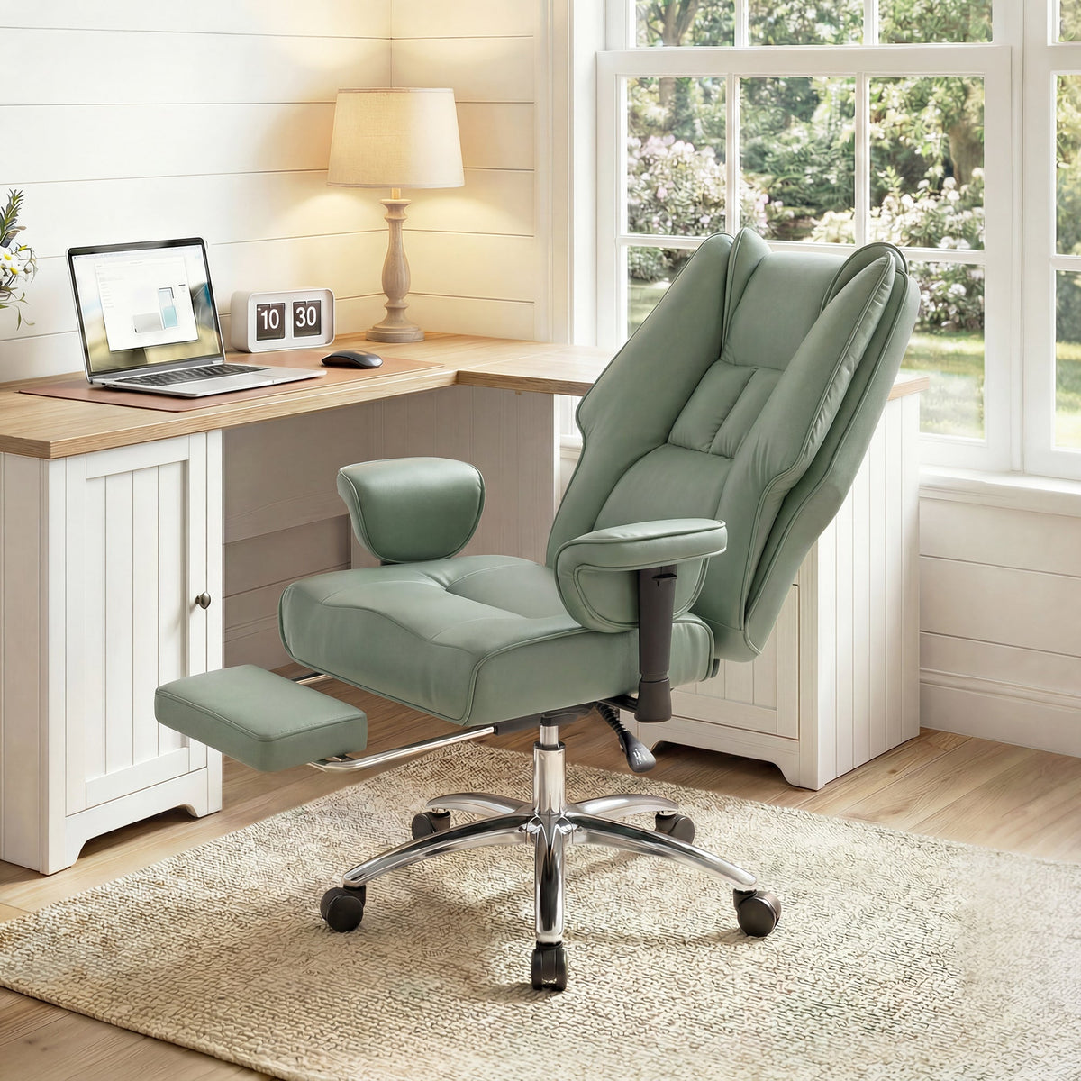 HOMCOM Executive Office Chair, Reclining Desk Chair with Footrest, Adjustable Armrests, Pet Friendly Faux Leather, Green
