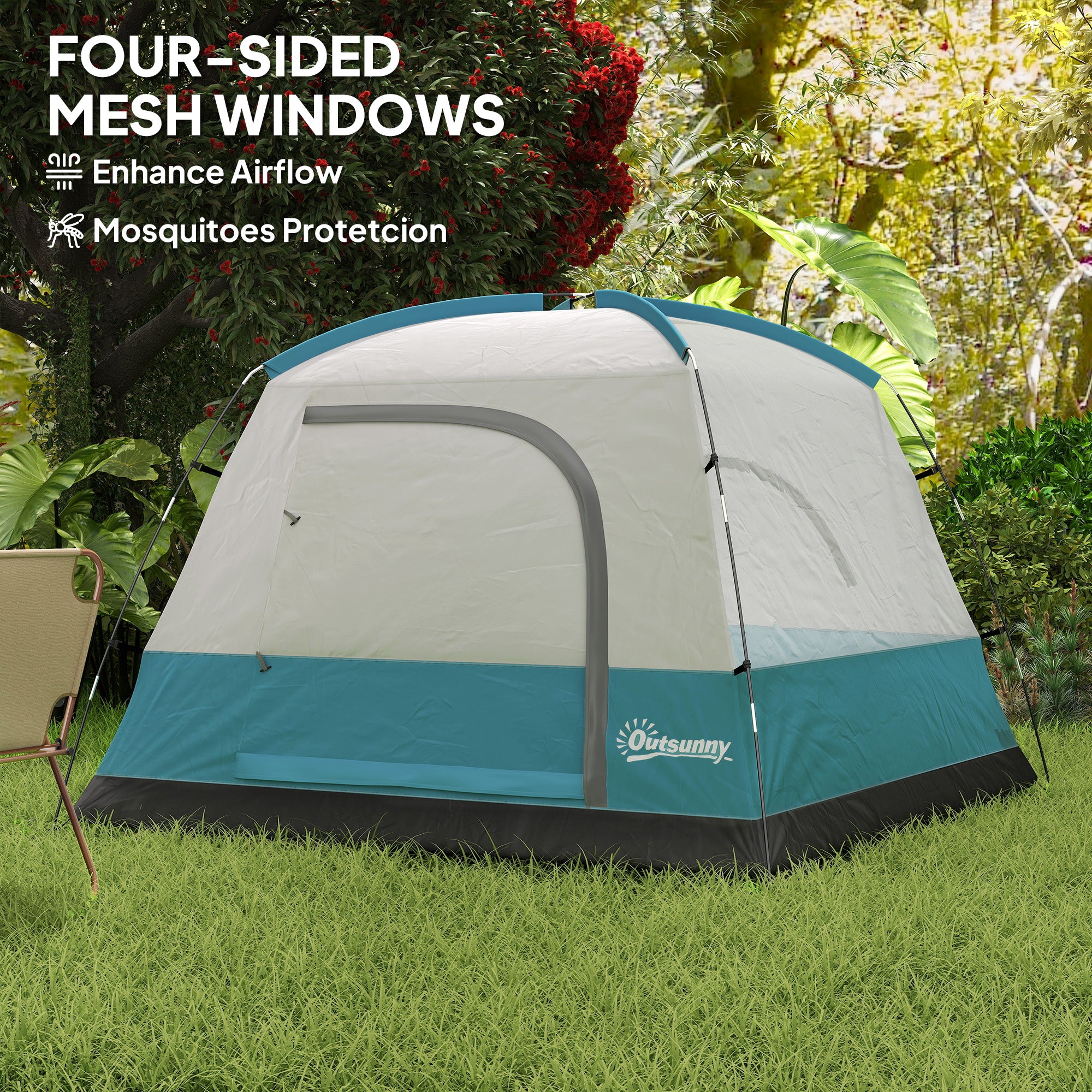 Outsunny 3-4 Person Camping Tent, Easy Set Up Waterproof Dome Tent with Sewn-in Groundsheet, Mesh Windows, Pocket and Hook for Camping, Hiking, Backpacking, Navy Blue and Light Blue
