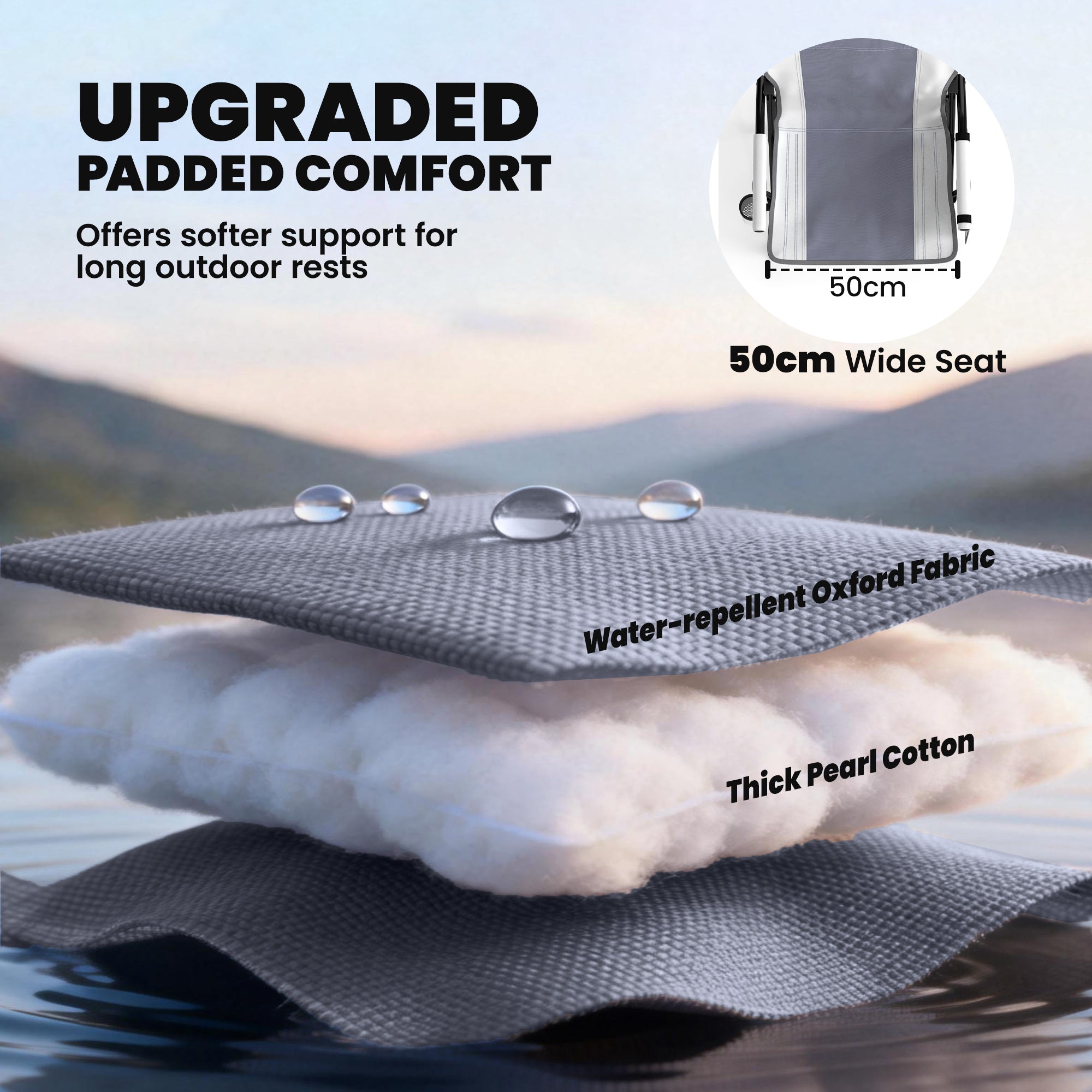 Outsunny Padded Camping Chair Adults Heavy Duty Folding Chair Side Pocket Cup Holder Carry Bag Outdoor Light Grey