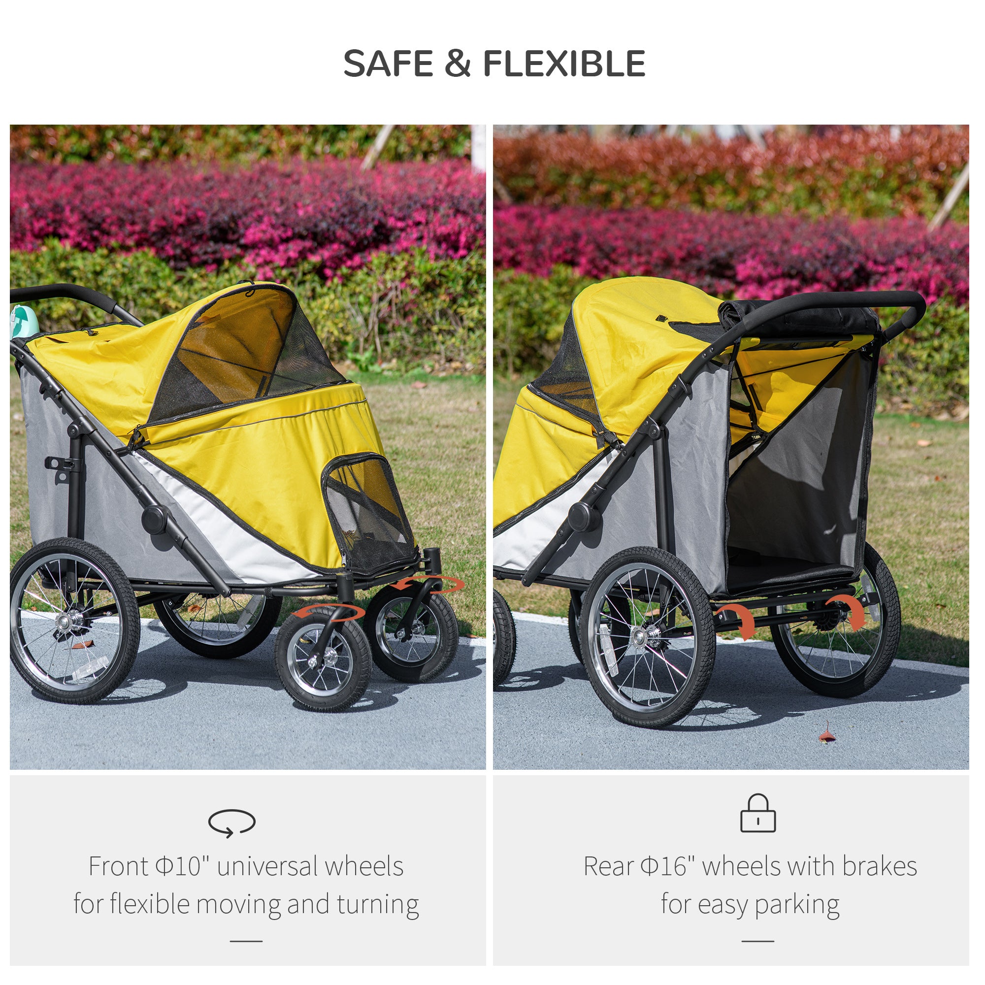 PawHut Foldable Pet Stroller, with Washable Cushion, Storage Bags, Safety Leash, for Medium, Large Dogs, Cats - Yellow