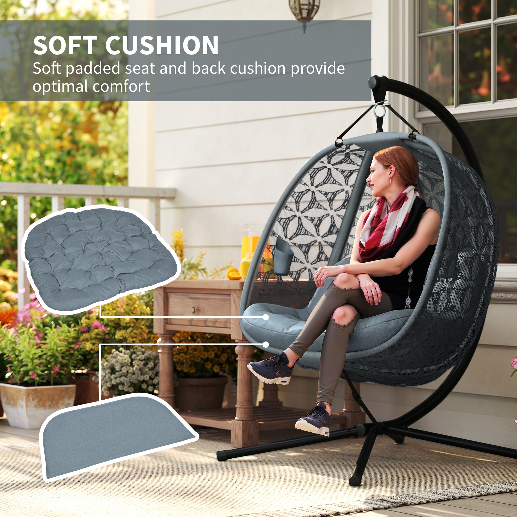 Outsunny Outdoor Double Hanging Chair with Cushion and Cup Holders, Charcoal Grey
