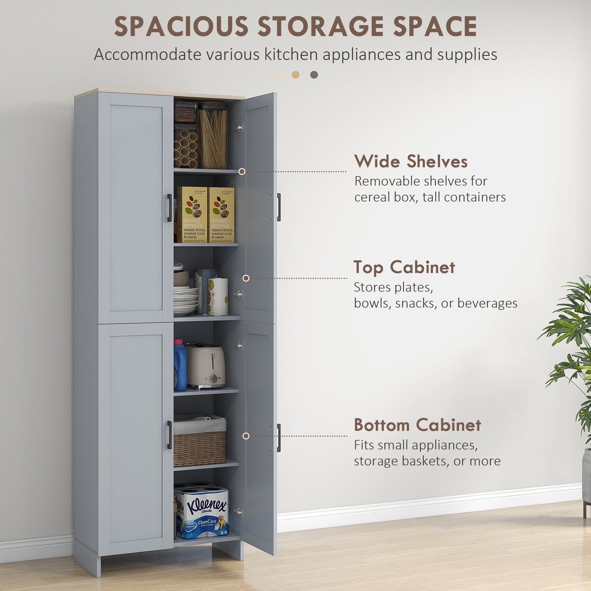 HOMCOM Freestanding Kitchen Cupboard, 4-Door Storage Cabinet with Adjustable Shelves, Modern Kitchen Pantry for Dining Room, 170cm, Grey