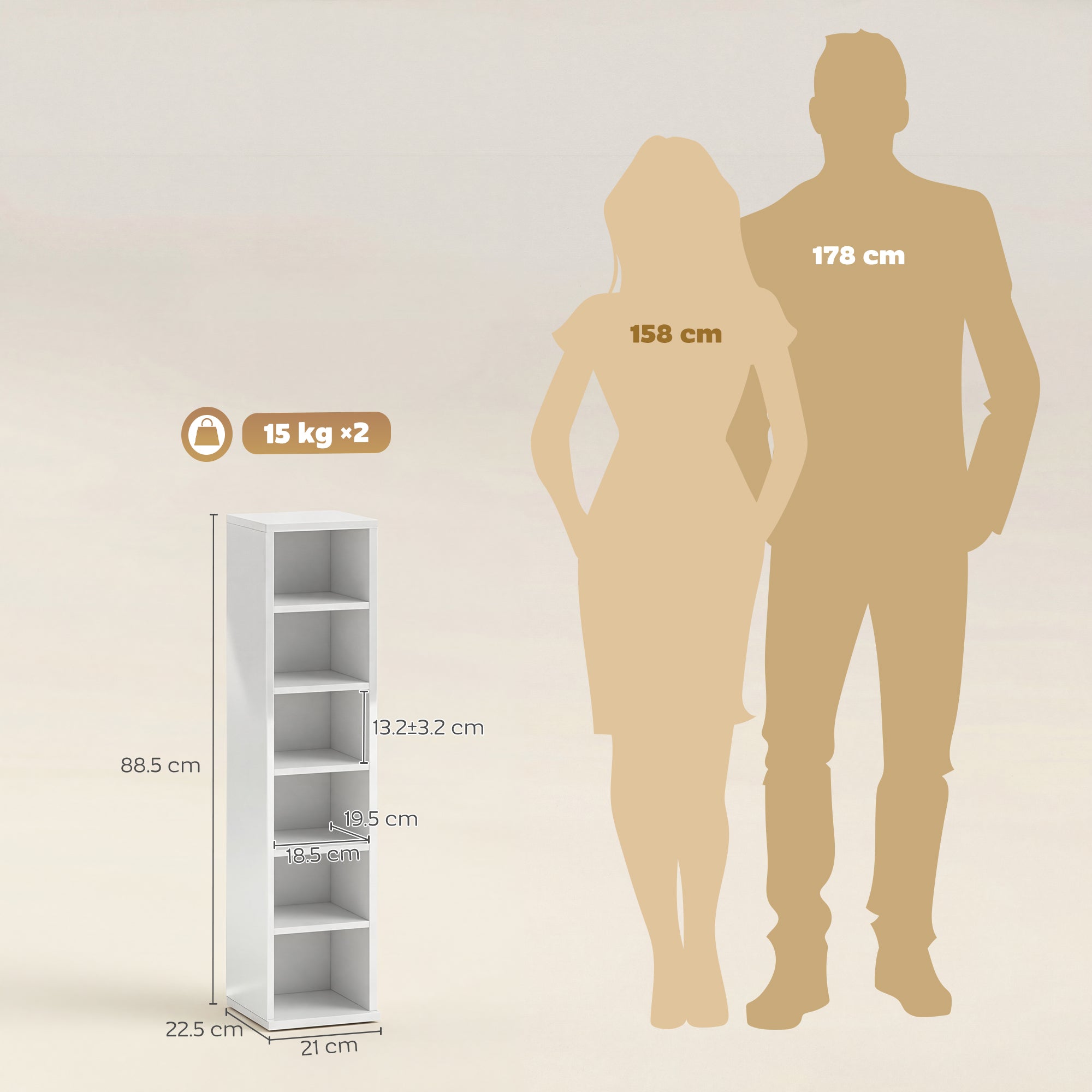 HOMCOM Set of 2 CD Media Display Shelf Unit Tower Rack with Adjustable Shelves, High Gloss White