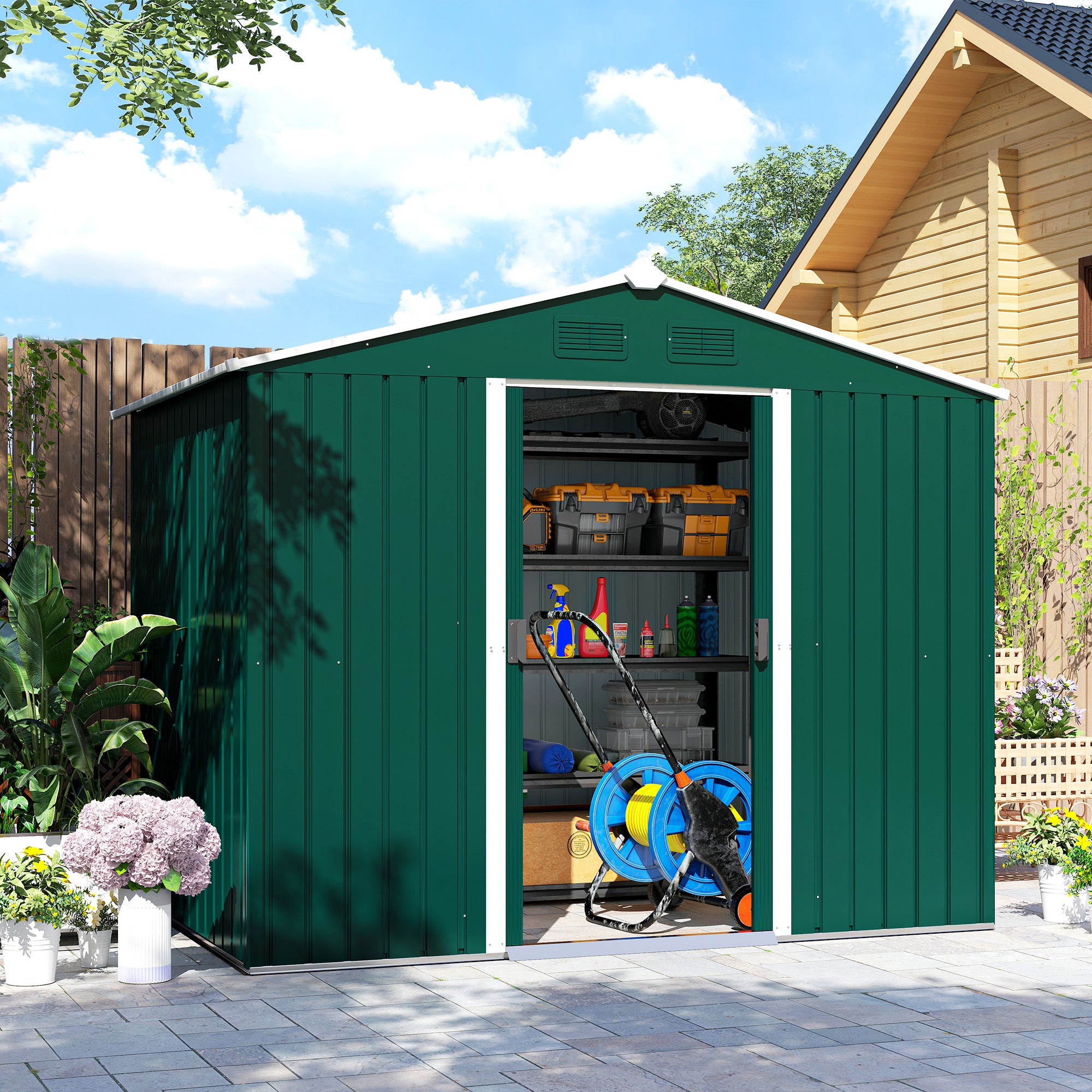 Outsunny 7.7 x 5.7ft Metal Garden Shed with Ventilation Slots and Sliding Doors, Galvanised Outdoor Tool Storage House, Green
