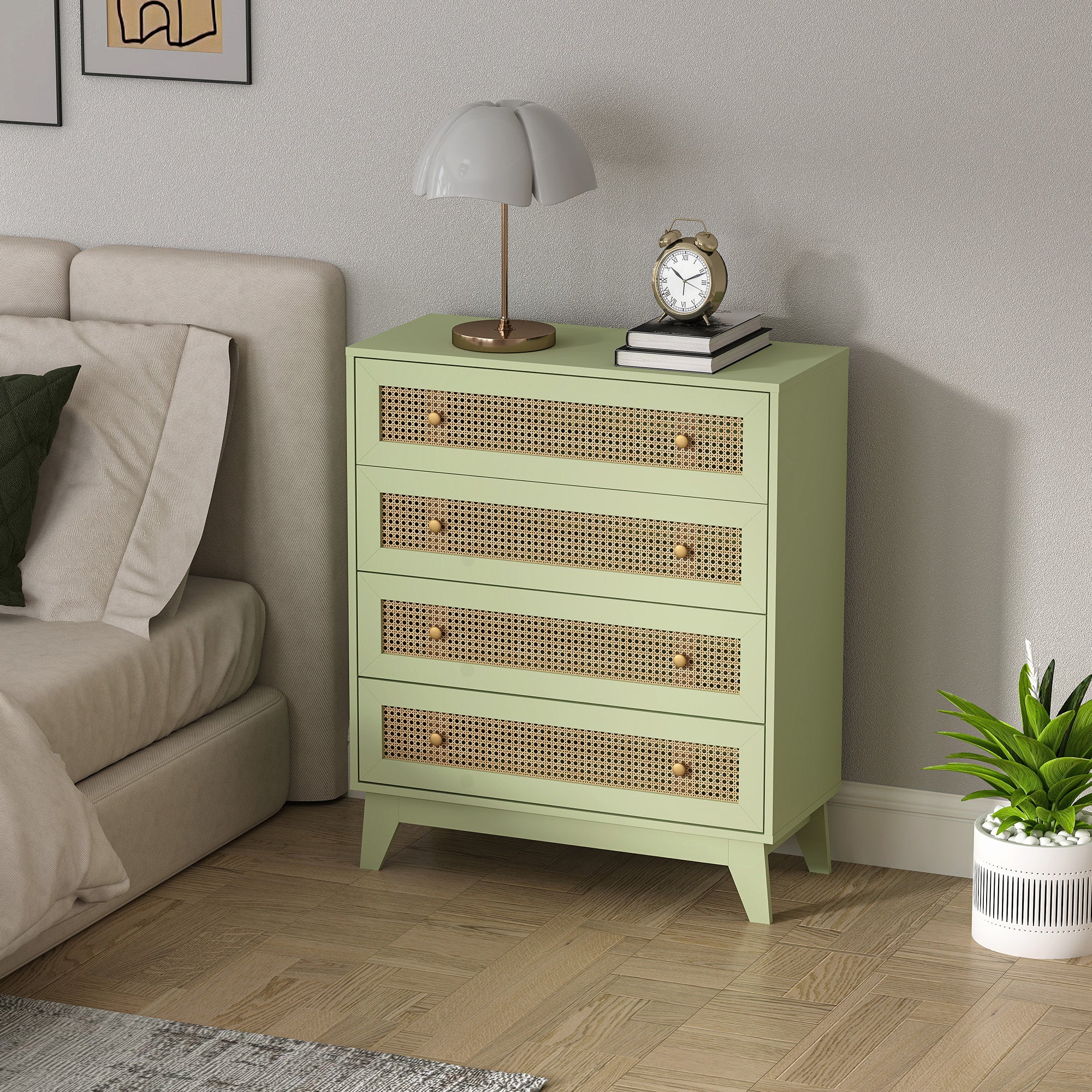 HOMCOM Chest of Drawers, 4-Drawer Storage Organiser Unit with Rattan Element for Bedroom, Living Room, Light Green