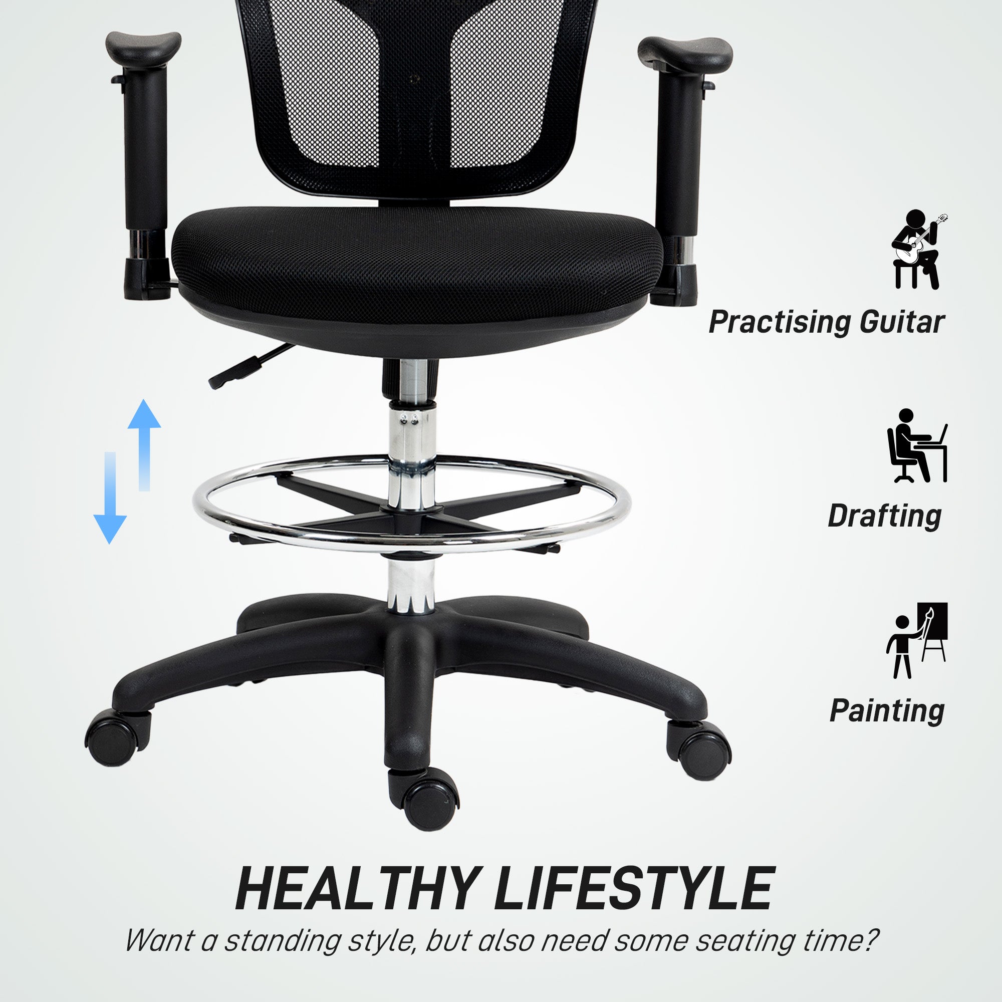 HOMCOM Drafting Chair with Adjustable Armrests, Ergonomic Mesh Office Chair with Lumbar Support, Adjustable Height and Footrest for Standing Desk, Black
