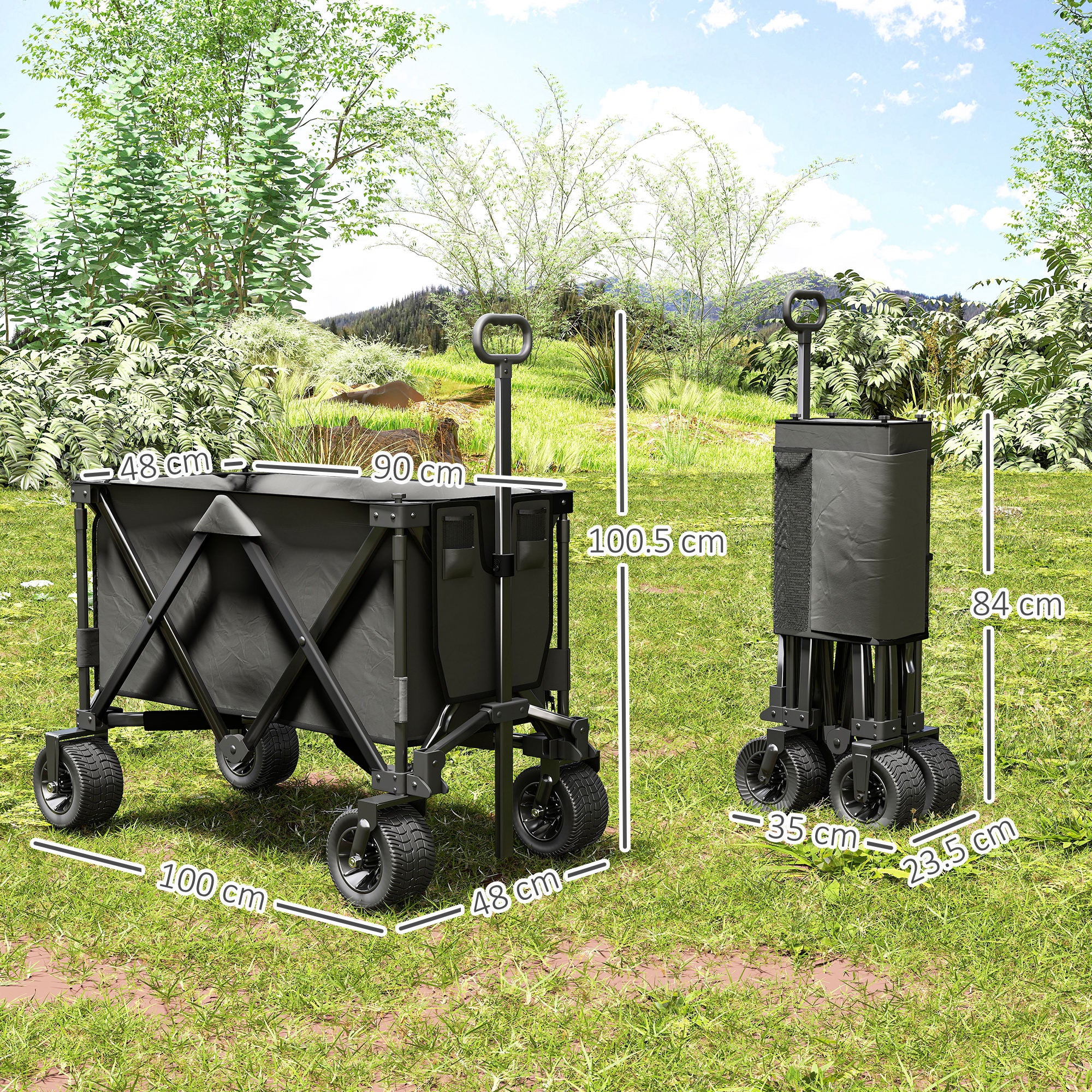 Outsunny Folding Garden Trolley, Cargo Traile on Wheels, Collapsible Camping Trolley, Outdoor Utility Wagon, Dark Grey