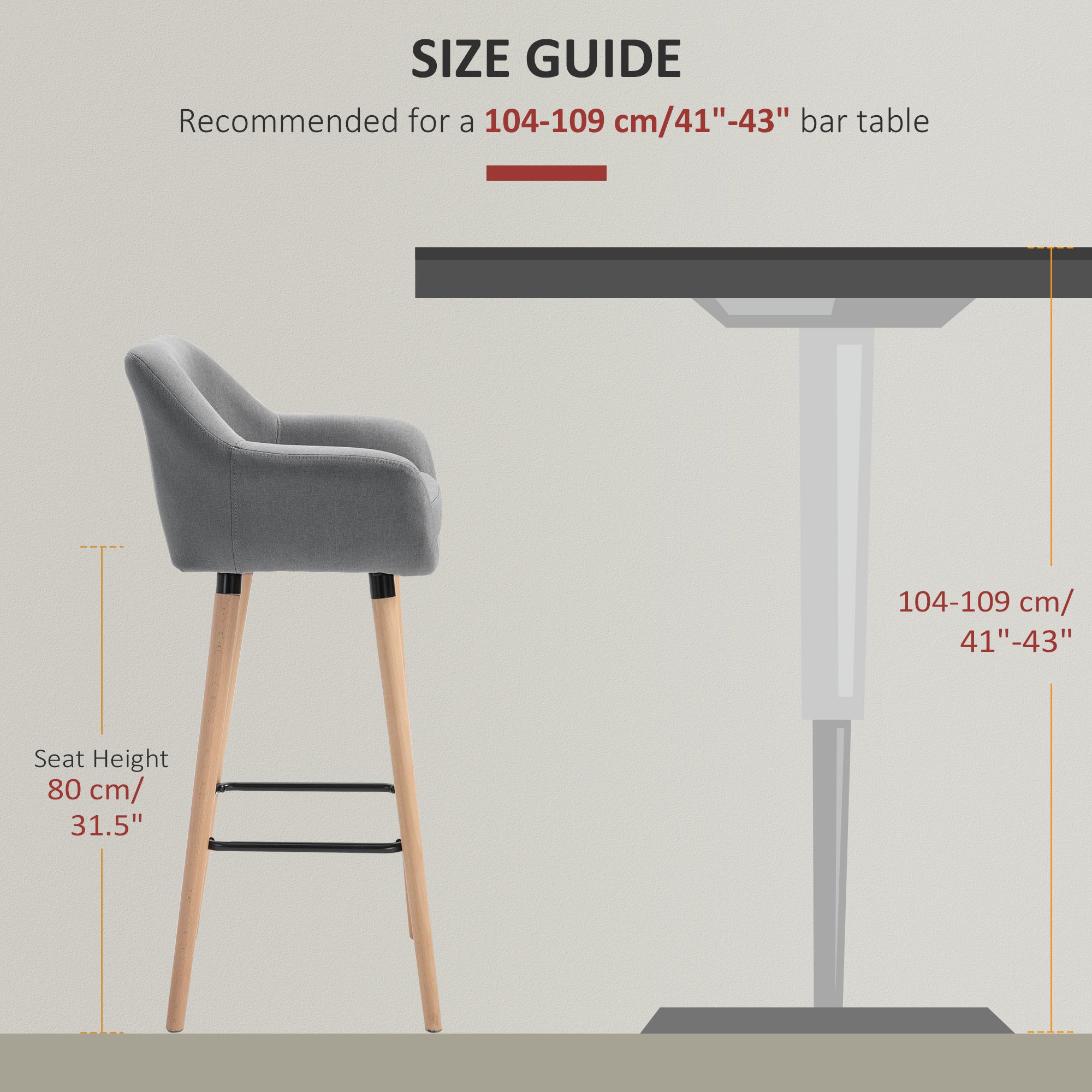 HOMCOM Set of 2 Bar Stools Modern Upholstered Seat Bar Chairs w/ Metal Frame, Solid Wood Legs Living Room Dining Room Fabric Furniture - Grey