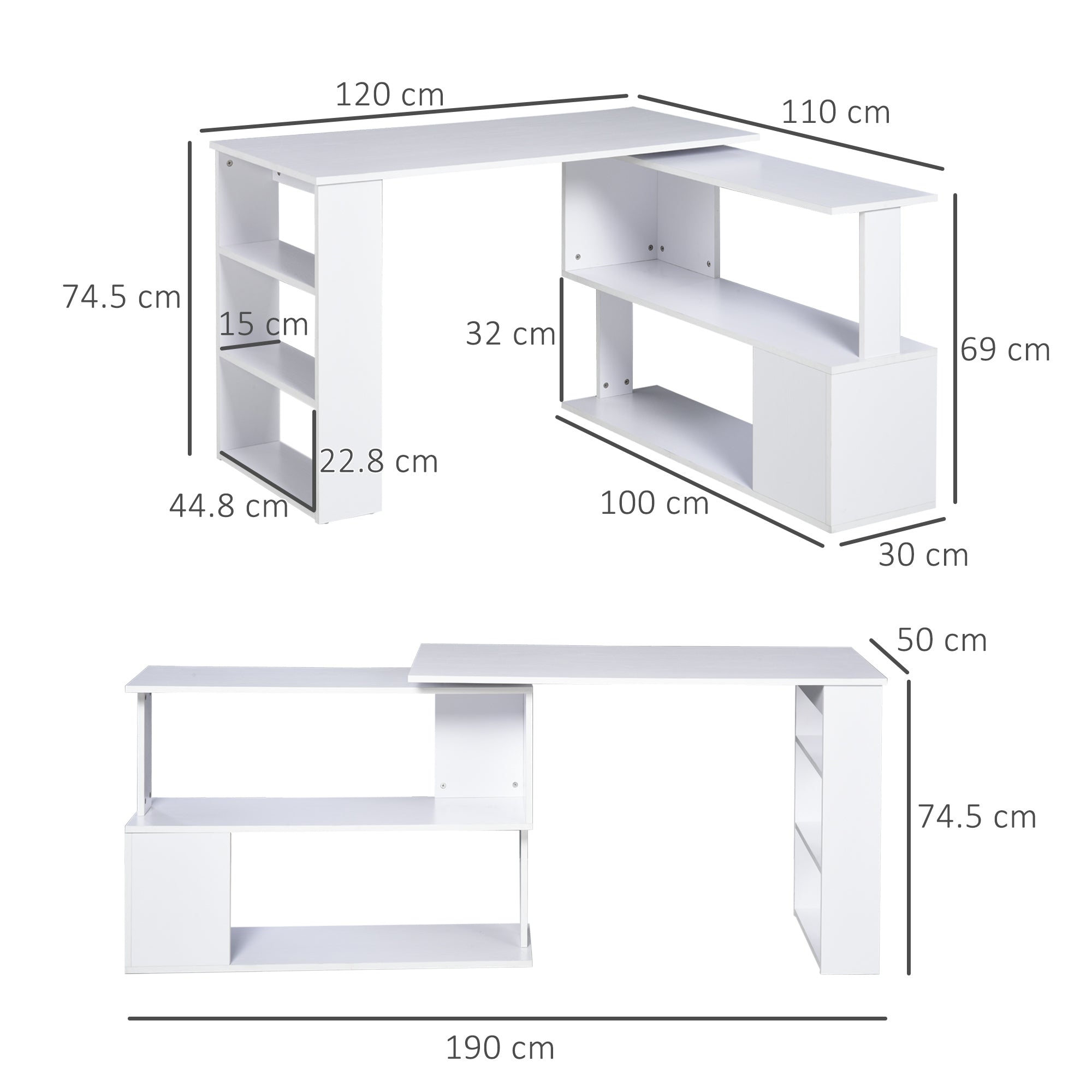 HOMCOM Corner Computer Desk, L Shaped Desk with 360 degrees Rotating Bookshelf, 120L x 110W x 74.5H cm, White